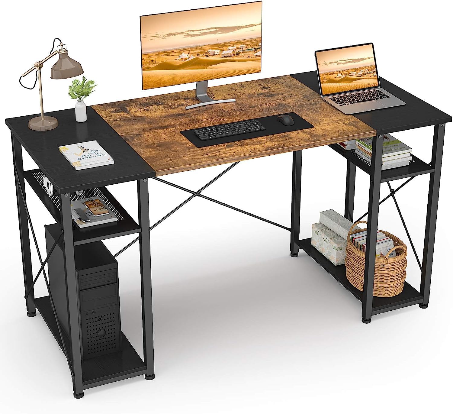 TEKAVO - Computer Table for Home Office Laptop Study Writing Desk with Storage, Office Computer Desk Computer Workstation for Desktop PC Study Desk Black and Brown (Small_120) | DIY