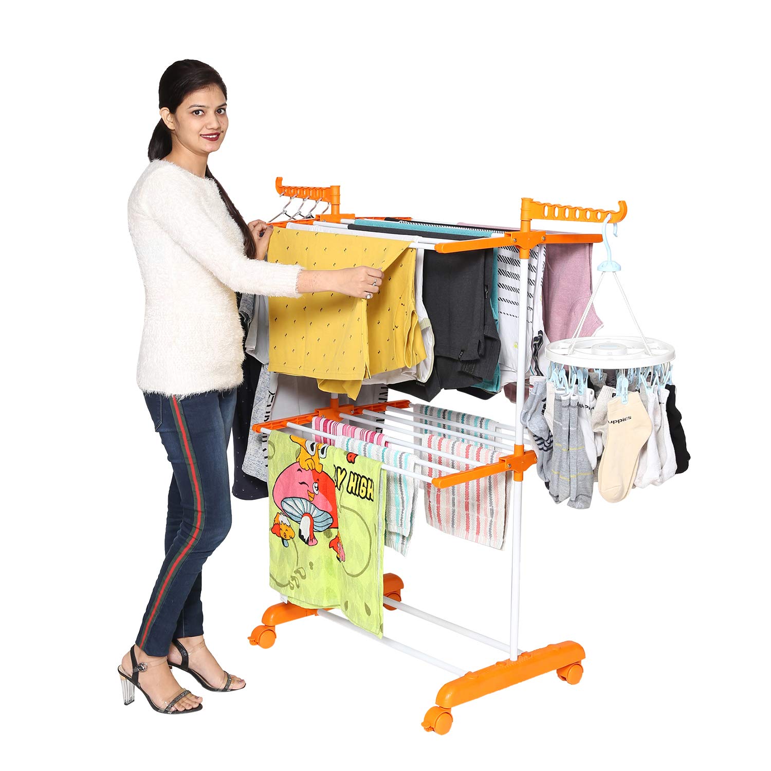 Happer Premium Clothes Stand for Drying with Wheels | Portable | 2 Layer Rack for Balcony | Foldable Wings | 14 Hanger Rods | Anti Rust Steel Metal (Orange | Compact Jumbo)