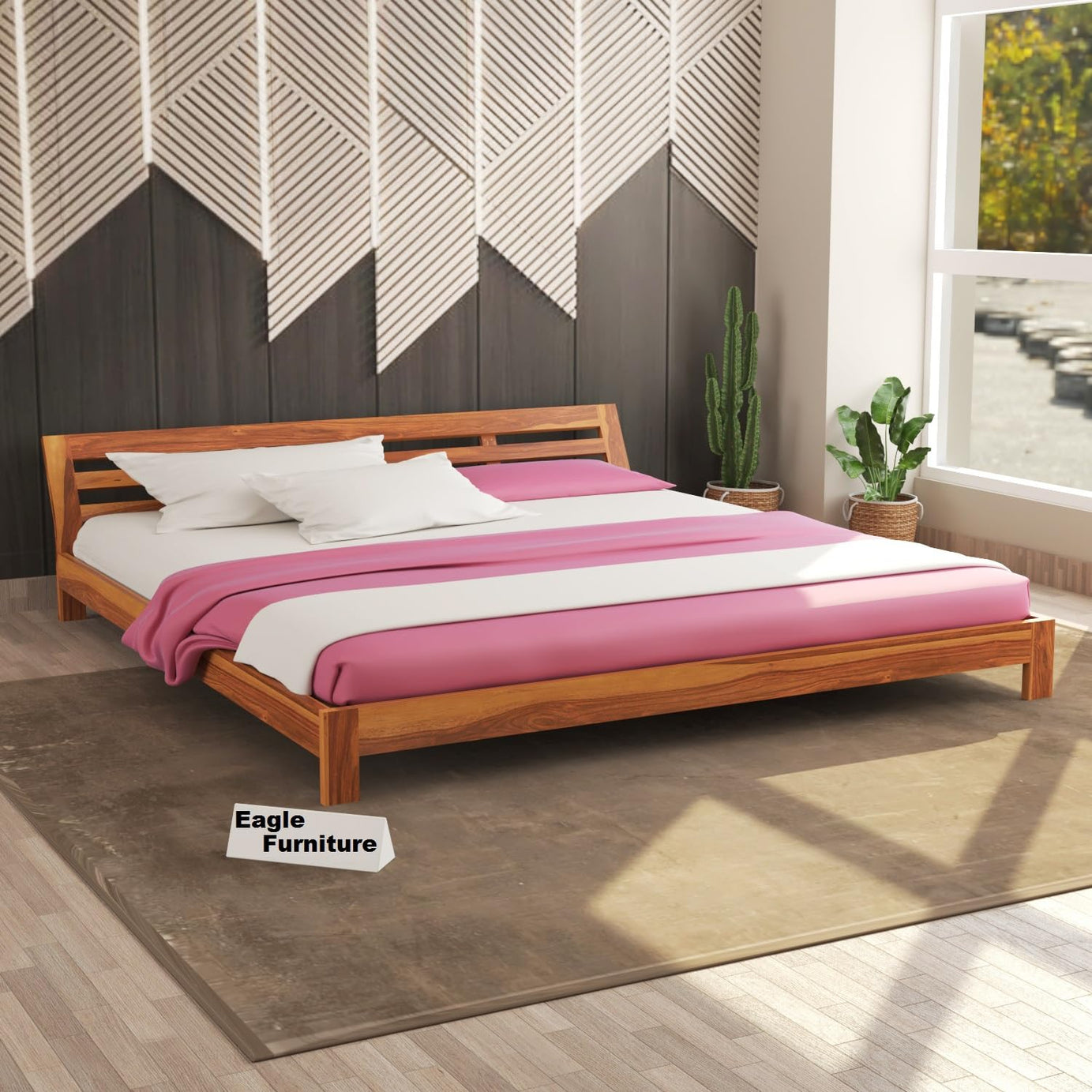 Eagle Furniture Solid Sheesham Wood Low Height Queen Size Bed Without Storage | Wooden Double Bed | Low Floor/Lying/Rise/Level/Profile Cot Bed for Bedroom Furniture | Rosewood, Teak Finish