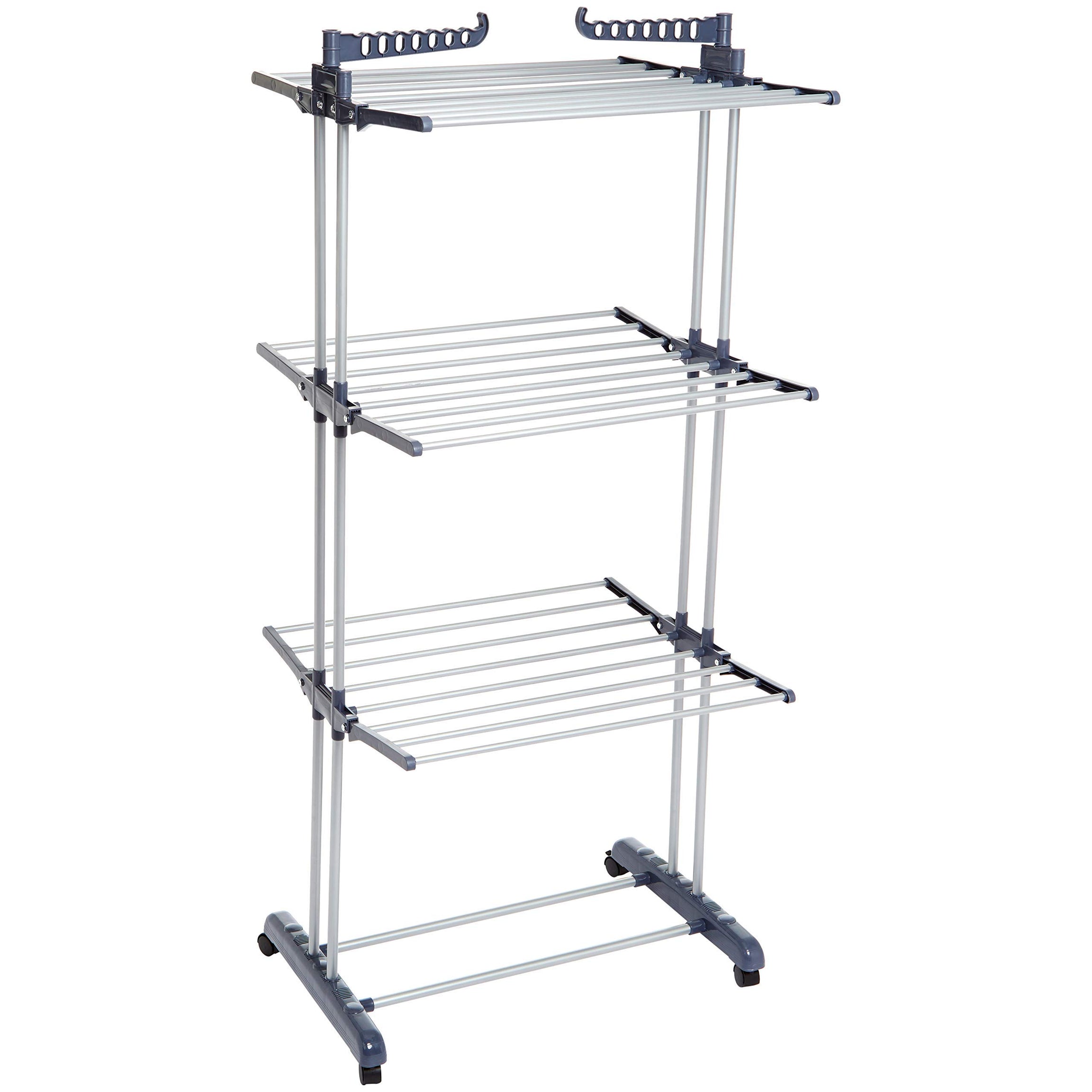 Amazon Basics Indoor Clothes Drying Rack Tower with Foldable Wings and Movable Wheels (Silver & Grey)