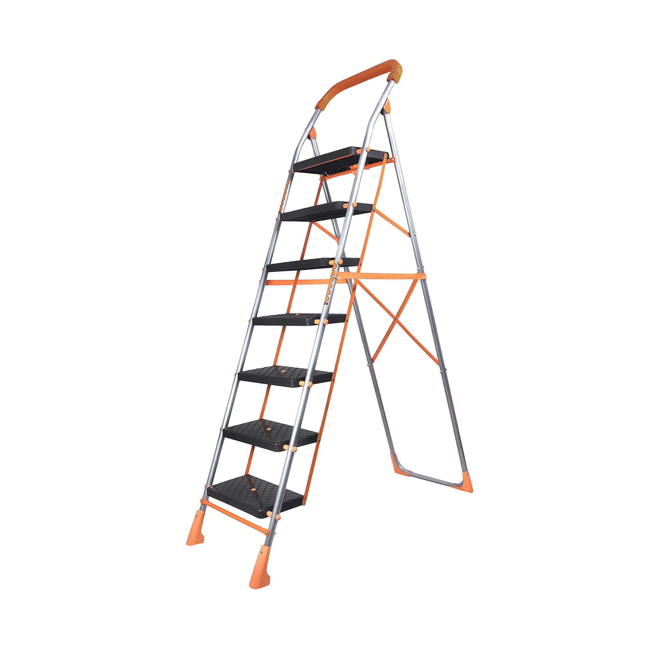 Parasnath Orange Diamond Folding Ladder with Wide Steps 7 Steps 7.2 FT Ladder (Made in India)(Alloy Steel)