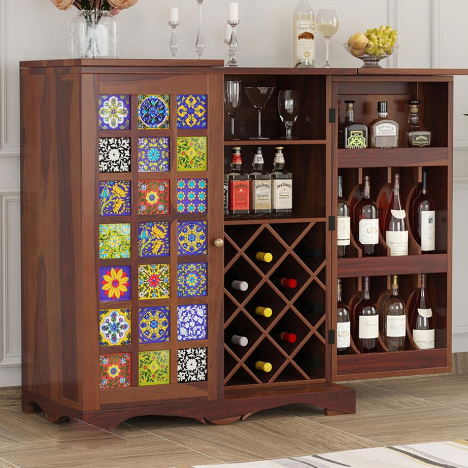 Krafting Kustoms Wood Bar Cabinet for Home | Bar Cabinet for Living Room | Bar Units, Wine Rack | Corner Bar Cabinet | Home Bar Furniture, Wooden Bar Cabinet with Storage Drawer, Honey Brown