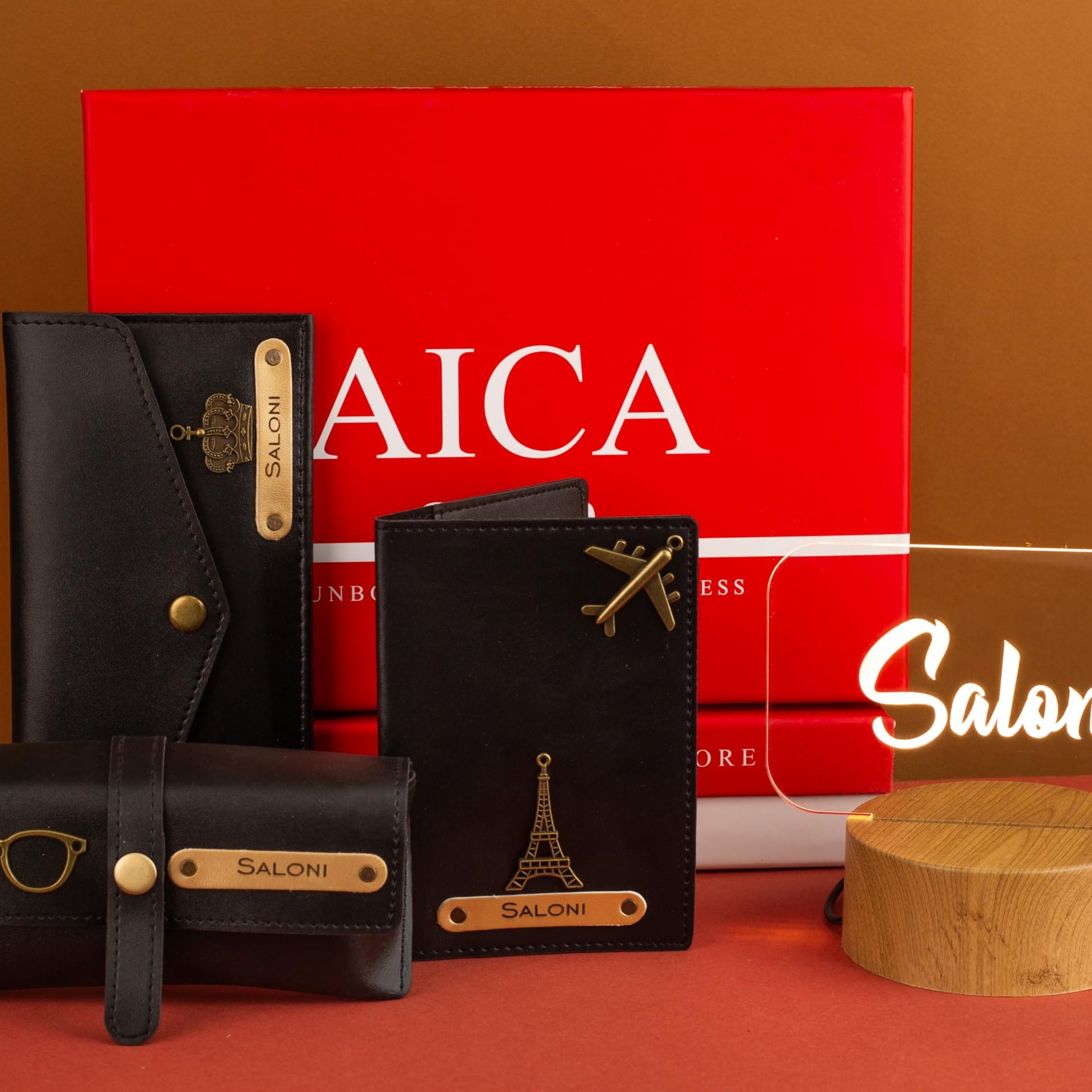 AICA Personalized Name Womens Combo Led Lamp Giftset – 4pcs (Black) | Rakshabandhan Rakhi Birthday Gifts for Sisters