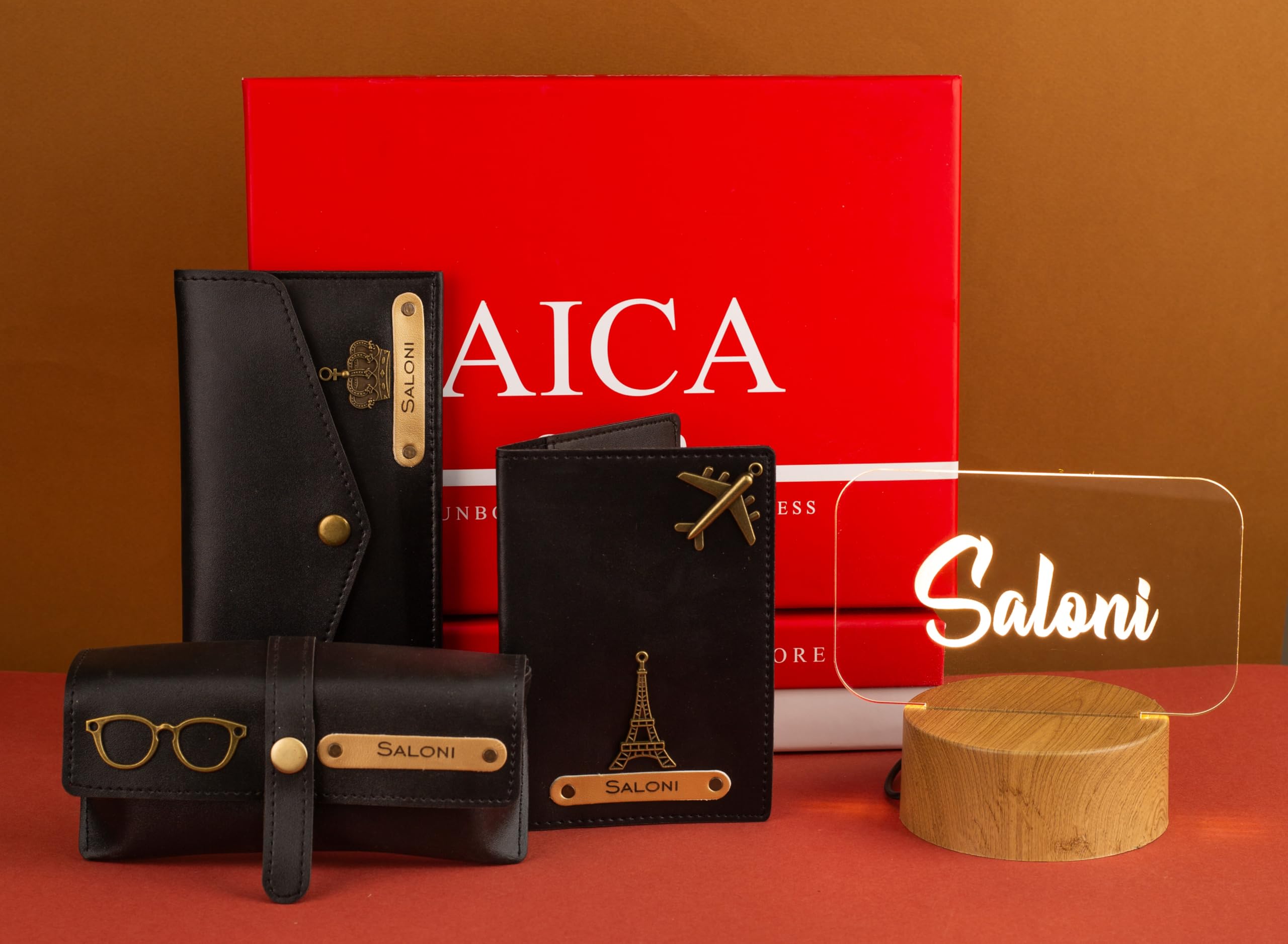 AICA Personalized Name Womens Combo Led Lamp Giftset – 4pcs (Black) | Rakshabandhan Rakhi Birthday Gifts for Sisters