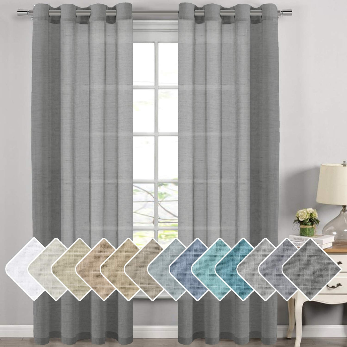 STYLOCASA Cotton Linen Lightweight Semi Sheer Curtains for Long Door Balcony Living Room Home Decoration, 9 feet Long, Charcoal Grey, Set of 2