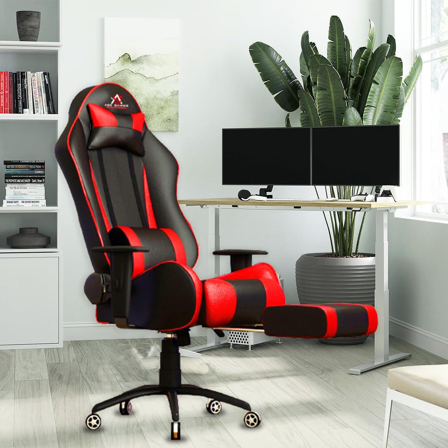 ASE GAMING Gold Series Ergonomic Gaming Chair with Footrest Premium PU Leather, Adjustable Neck & Lumbar Pillow, 180 Degree Recline with Black Metal Base (Red) (red)