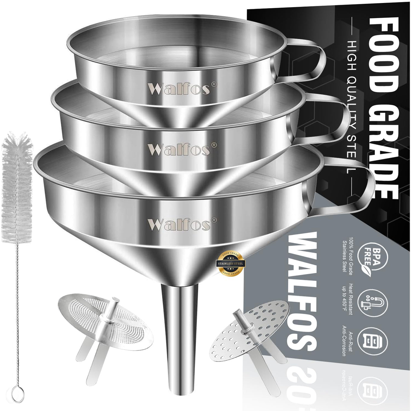 Stainless Steel Funnel, Walfos 3 Pack Kitchen Funnel with 2 Removable Strainer ï¼â€ 1Pcs Cleaning Brush, Perfect for Transferring of Liquid, Oils, Jam, Dry Ingredients & Powder