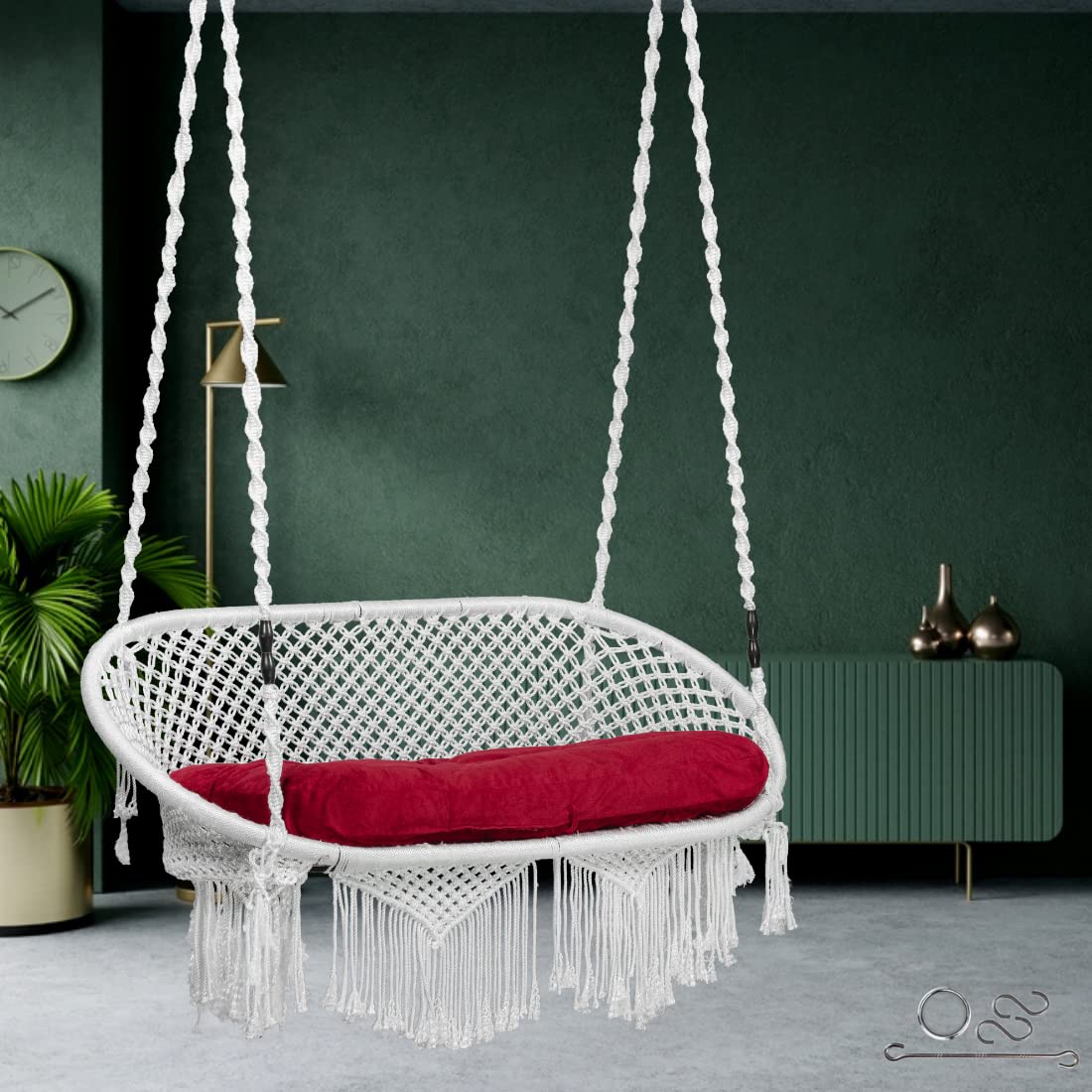 Patiofy Double Seater Swing for Balcony/Double Seater Swing Chair/Hanging Hammock Swing Chair for 2 People/Jhula for Adults/Oval Shape Double Seater Swing/Hanging Kit & Red Cushion Included-White