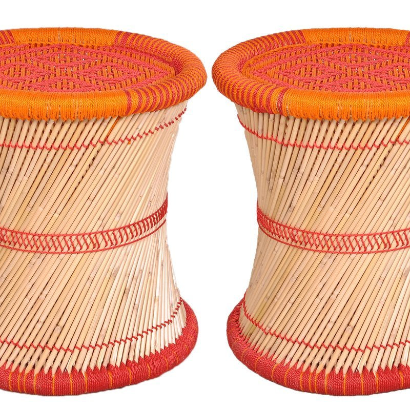 Ananya Creations Cane Wood Sitting Stool / Chair Full Size Red&Orange Set Of 2