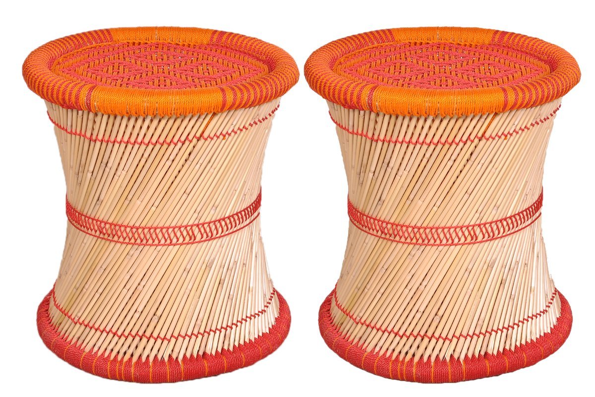 Ananya Creations Cane Wood Sitting Stool / Chair Full Size Red&Orange Set Of 2