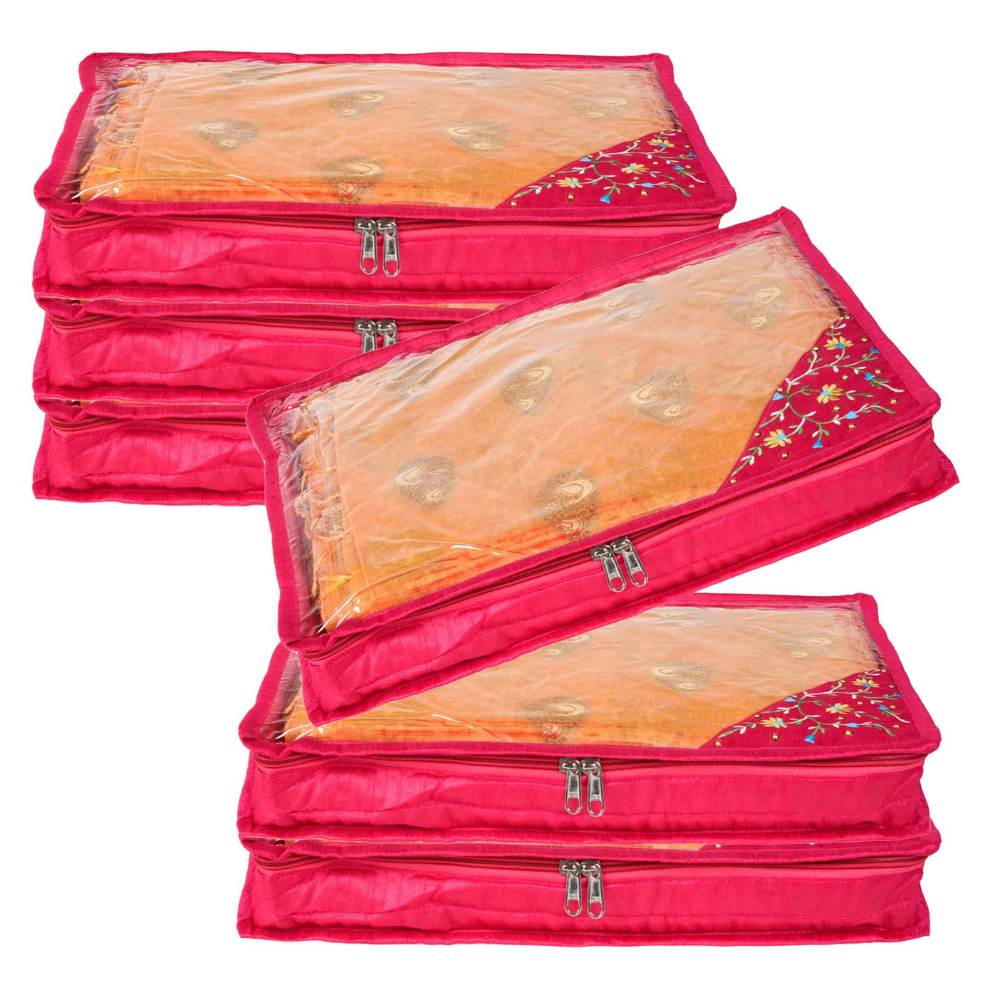 Kuber Industries Saree Cover | Clothes Storage Bag | Suit Packing Cover | Cloth Stoarge Organizer | Wardrobe Cloth Storage Organiser with Zip | Side Embroidery-Design | 3 Inch | Pack of 6 | Pink