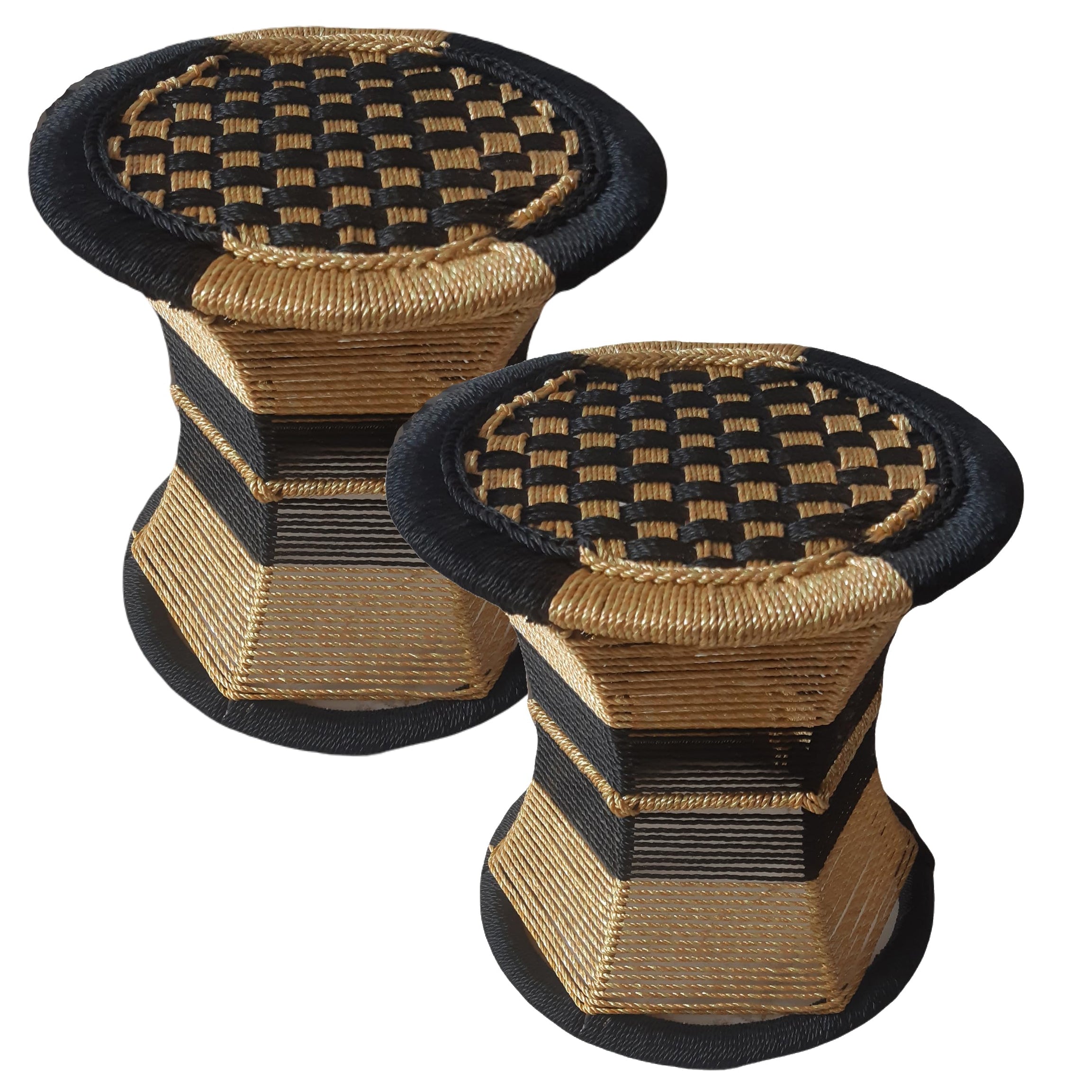 Lavanya Enterprises Rajasthani Traditional Handmade Bamboo Mudda for Living Room, Balcony (13X14 in) | Set of 2 Iron Bar Sitting Stool/Chair for Outdoor/Indoor Furnishing (Gold and Black)