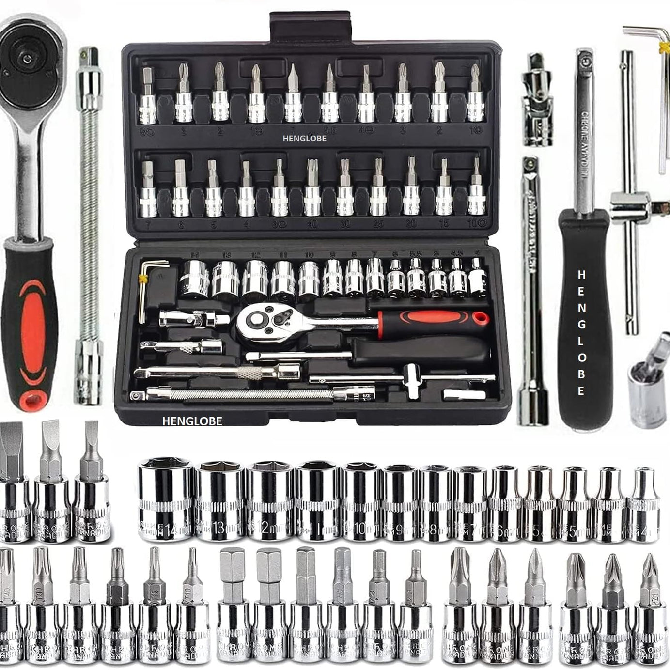 HENGLOBE 46 In 1 Pcs Tool Kit & Screwdriver And Socket Set Hand Tool Kit Wrench Set Metric Socket Set Extension Bar And Adapter For Bike, Car Repairs - Hex