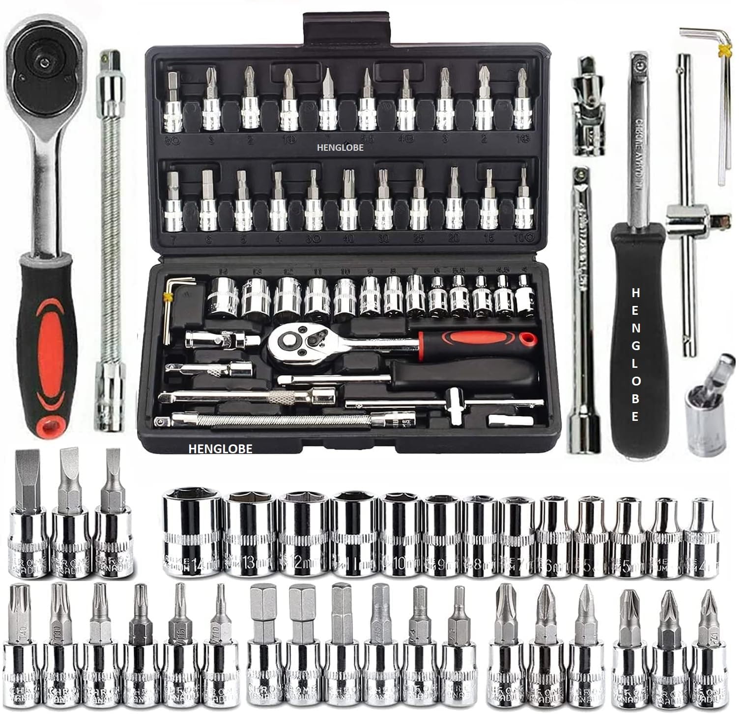 HENGLOBE 46 In 1 Pcs Tool Kit & Screwdriver And Socket Set Hand Tool Kit Wrench Set Metric Socket Set Extension Bar And Adapter For Bike, Car Repairs - Hex