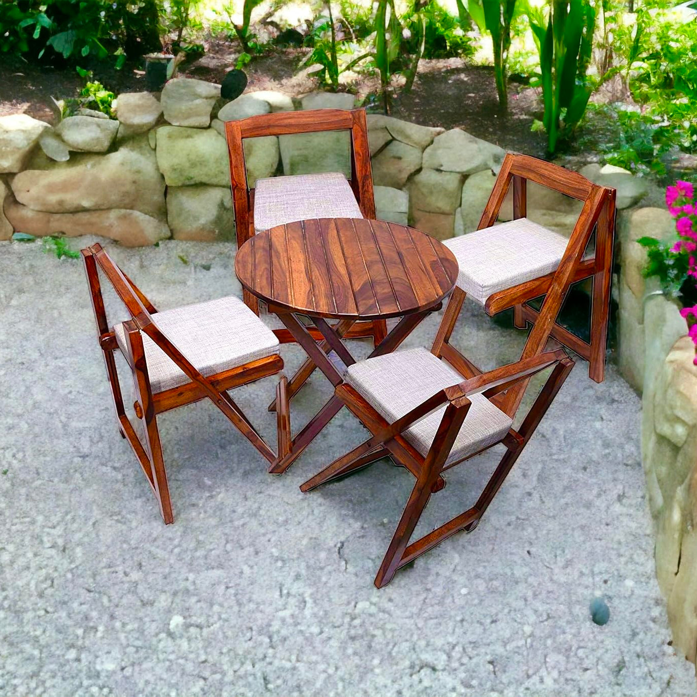 Home furniture Sheesham Wooden Patio Dining Set Foldable Chairs and Table for Balcony Garden and Outdoor (4 Seater, with Round Table & Cushion)