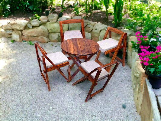 Home furniture Sheesham Wooden Patio Dining Set Foldable Chairs and Table for Balcony Garden and Outdoor (4 Seater, with Round Table & Cushion)