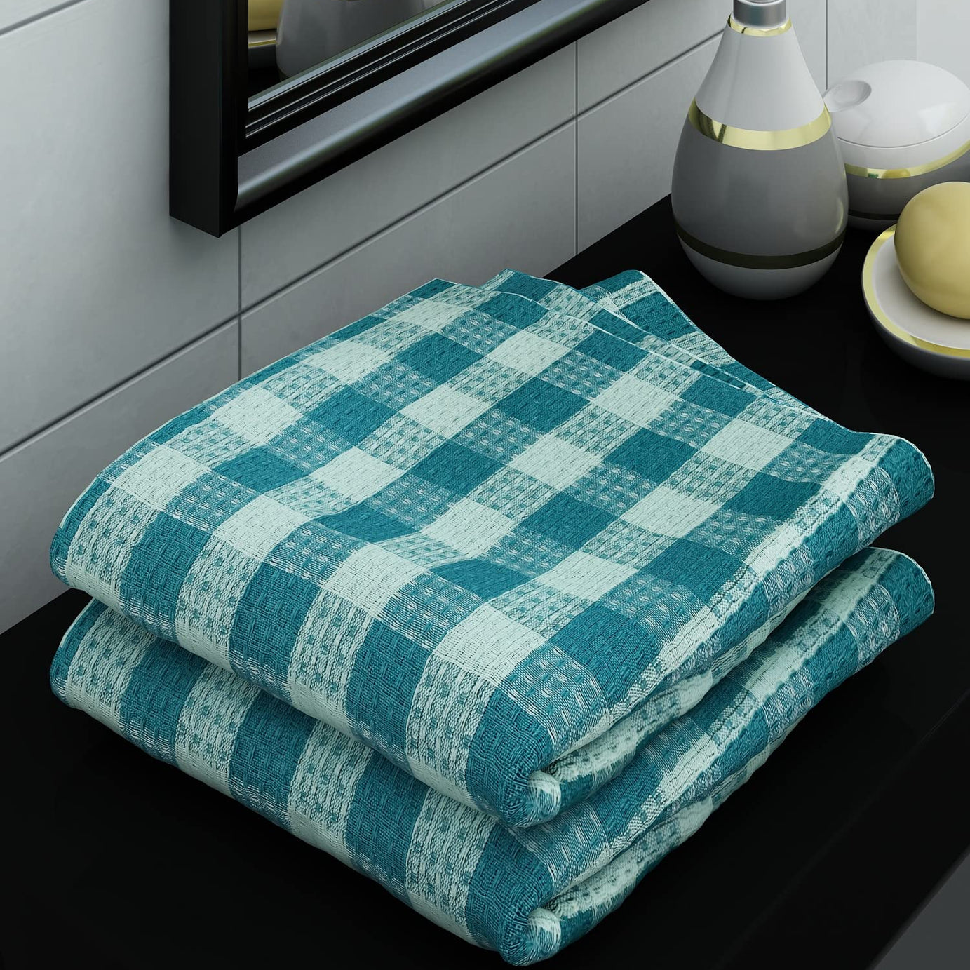 Athom Living Ecosaviour Premium Cotton Bath Towel Green Checkers (Pack of 2)