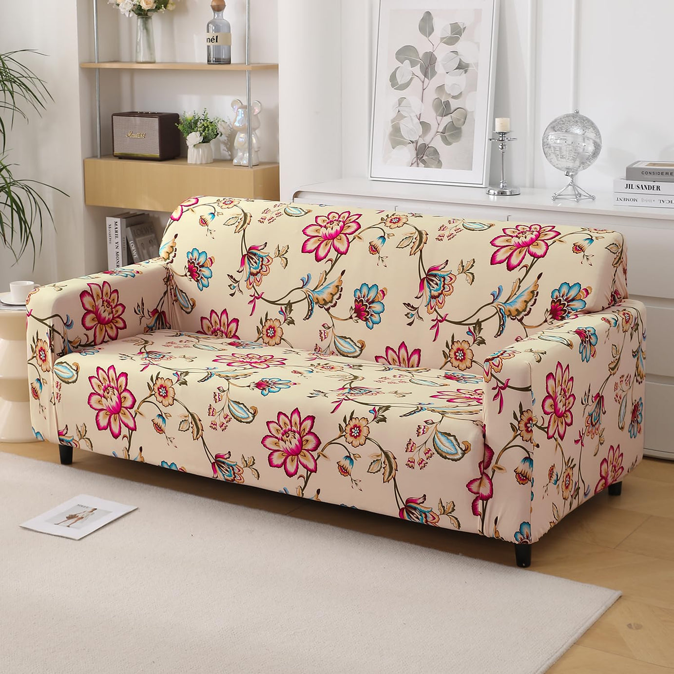 HOKIPO 140 GSM Stretchable Sofa Cover for 3 Seater Sofa, Beach Beige Dahlia (AR-5129-D11)