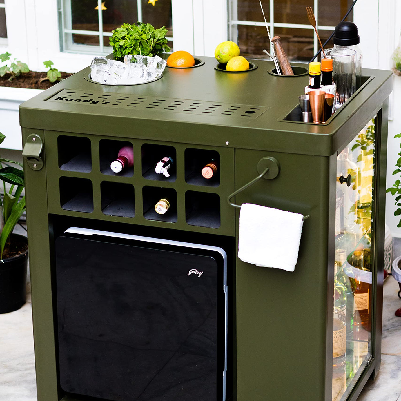 HAUS OF BARS by SpeedX - Model X Alloy Steel Cabinet Olive Green Finish with Built in 30L Thermoelectric Fridge (Easily Movable with Wheels at The Bottom)