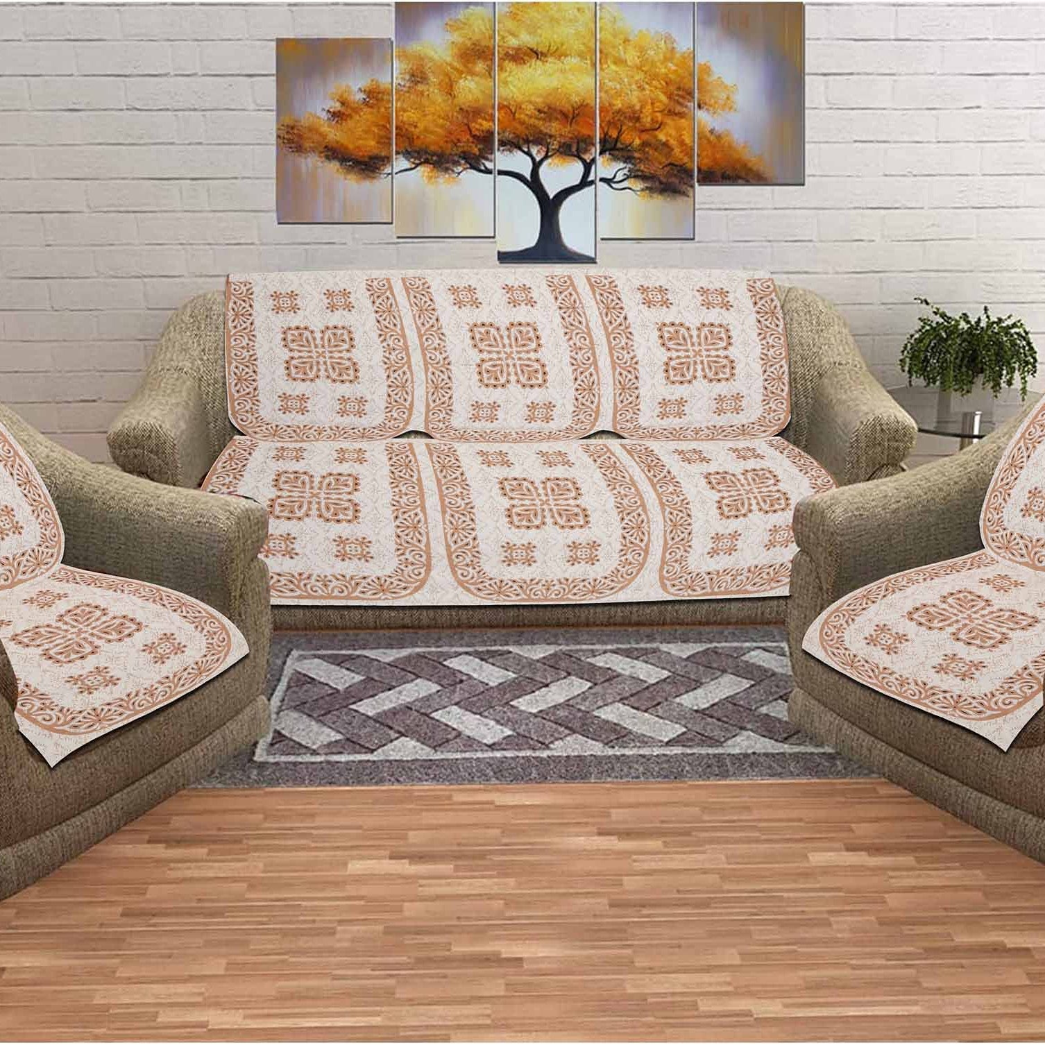 SkyKross - Everyday A New Thing Cut Work Printed Pure Cotton 5 Seater Sofa Cover | Sofa Cover 3 Seater and 2 Seater(3+1+1) (Brown)