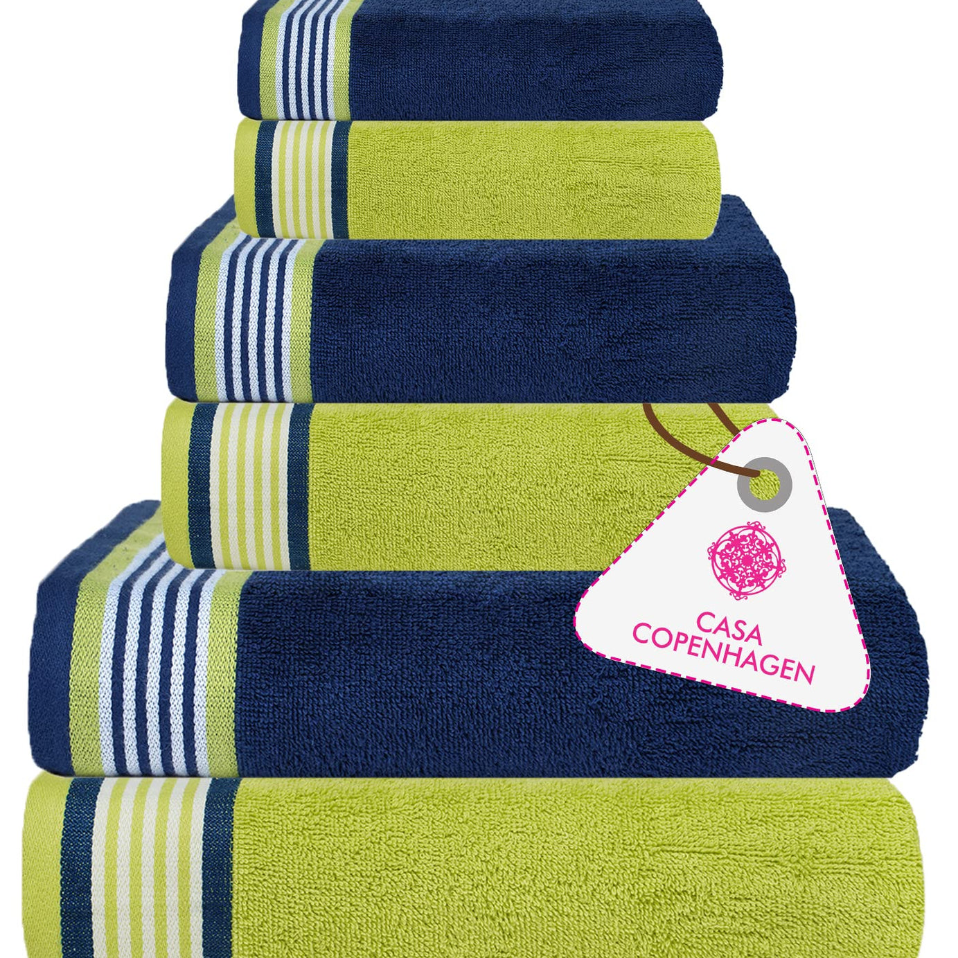 Casa Copenhagen Designed in Denmark 550 GSM 2 Large Bath Towels 2 Large Hand Towels 2 Washcloths, Super Soft Egyptian Cotton 6 Towels Set for Bathroom, Kitchen & Shower - Iris Blue & Spring Green