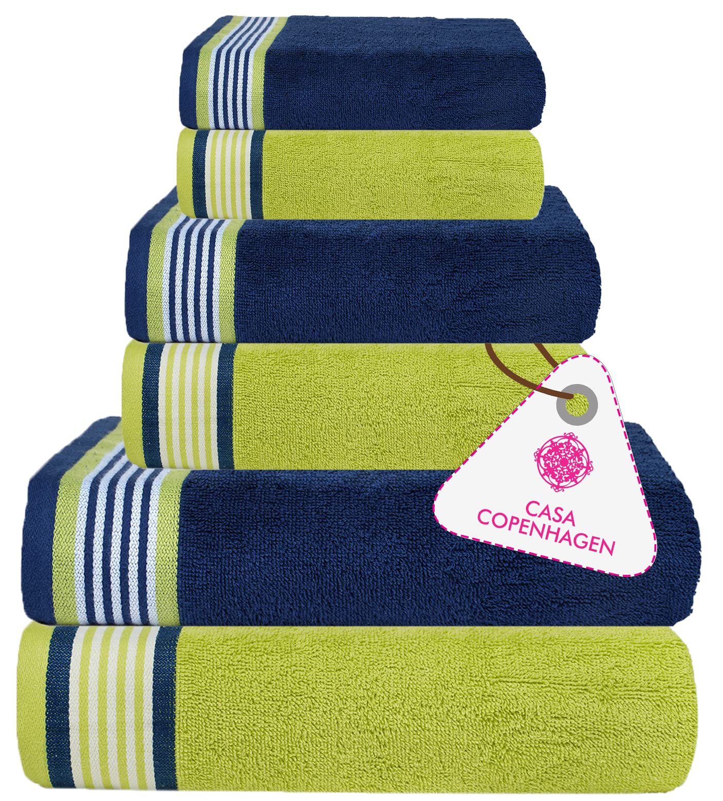 Casa Copenhagen Designed in Denmark 550 GSM 2 Large Bath Towels 2 Large Hand Towels 2 Washcloths, Super Soft Egyptian Cotton 6 Towels Set for Bathroom, Kitchen & Shower - Iris Blue & Spring Green