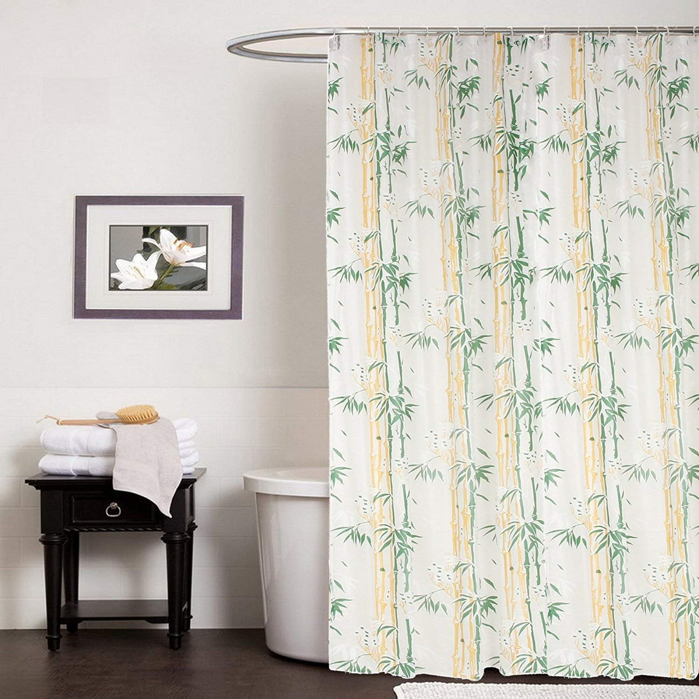 CASA FURNISHING® PVC Waterproof Green Bamboo Printed Shower Curtain with 8 Hooks Pack of 1 (7ft)