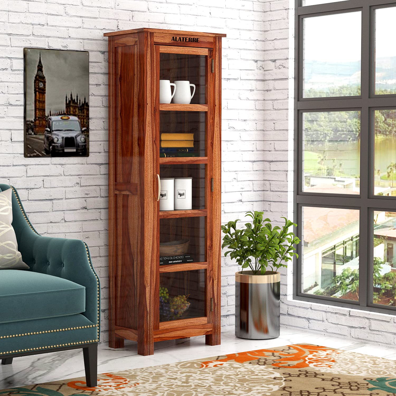 Alaterre Home Furniture Wooden Bookcases Solid Sheesham Wooden 1 Door 4 Selves With Storage Rack Showcase Organizer For Living Room Home&Office Hollway Kitchan, Bedroom, Brown Honey Netural Finish