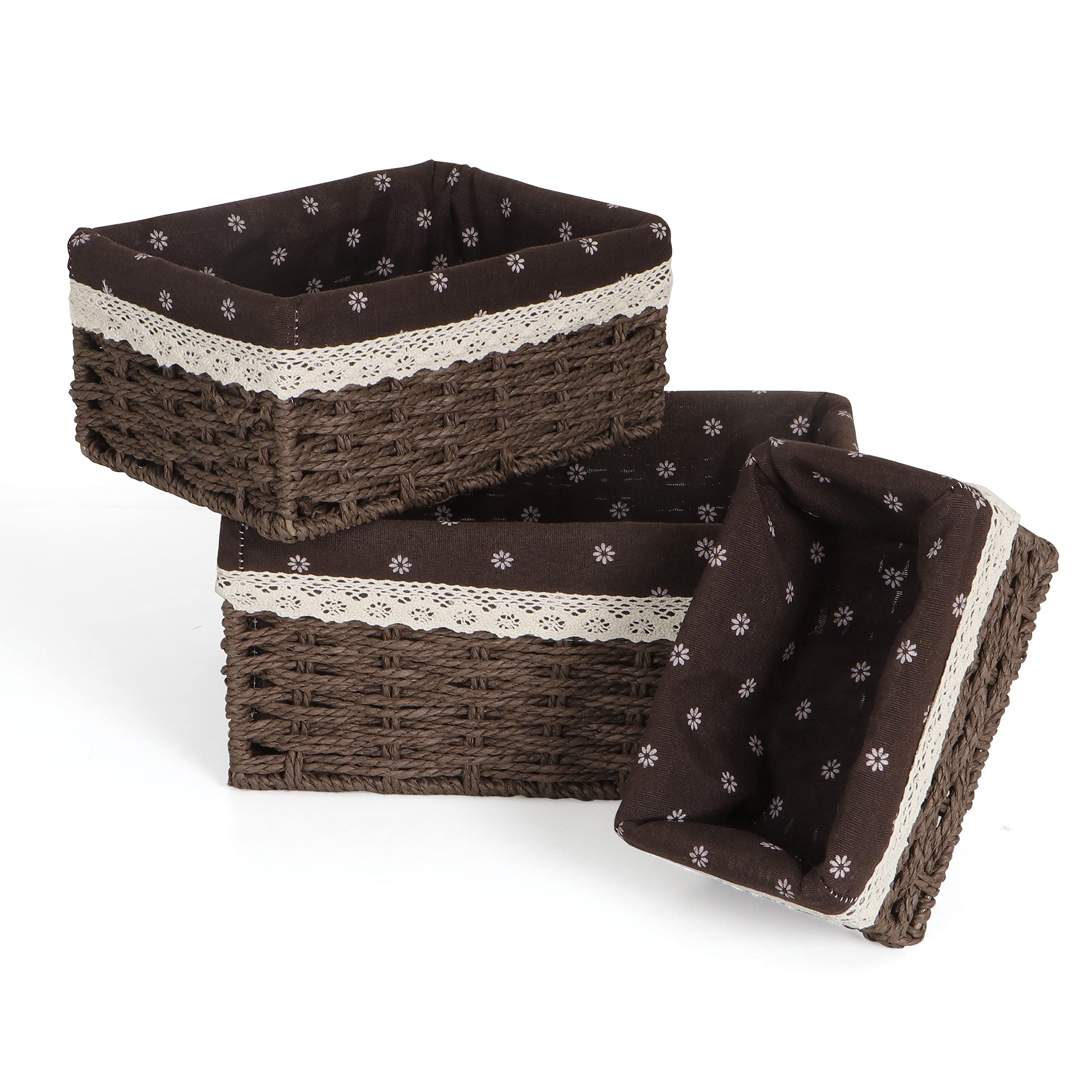 HOKIPO Eco-friendly Handwoven Paper Weave Wicker Basket for Home, Office, Wardrobe. Pack of 3, Brown (AR-3895-BR)