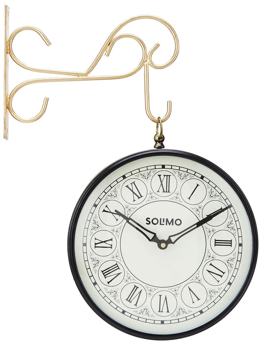 Amazon Brand - Solimo Metal Analogue Railway Wall Clock | Double Sided Hanging Clock | Vintage Look | for Living Room/Home/Office Décor | 8-inch Dial | (20x15x20 cm) (Brass Antique)