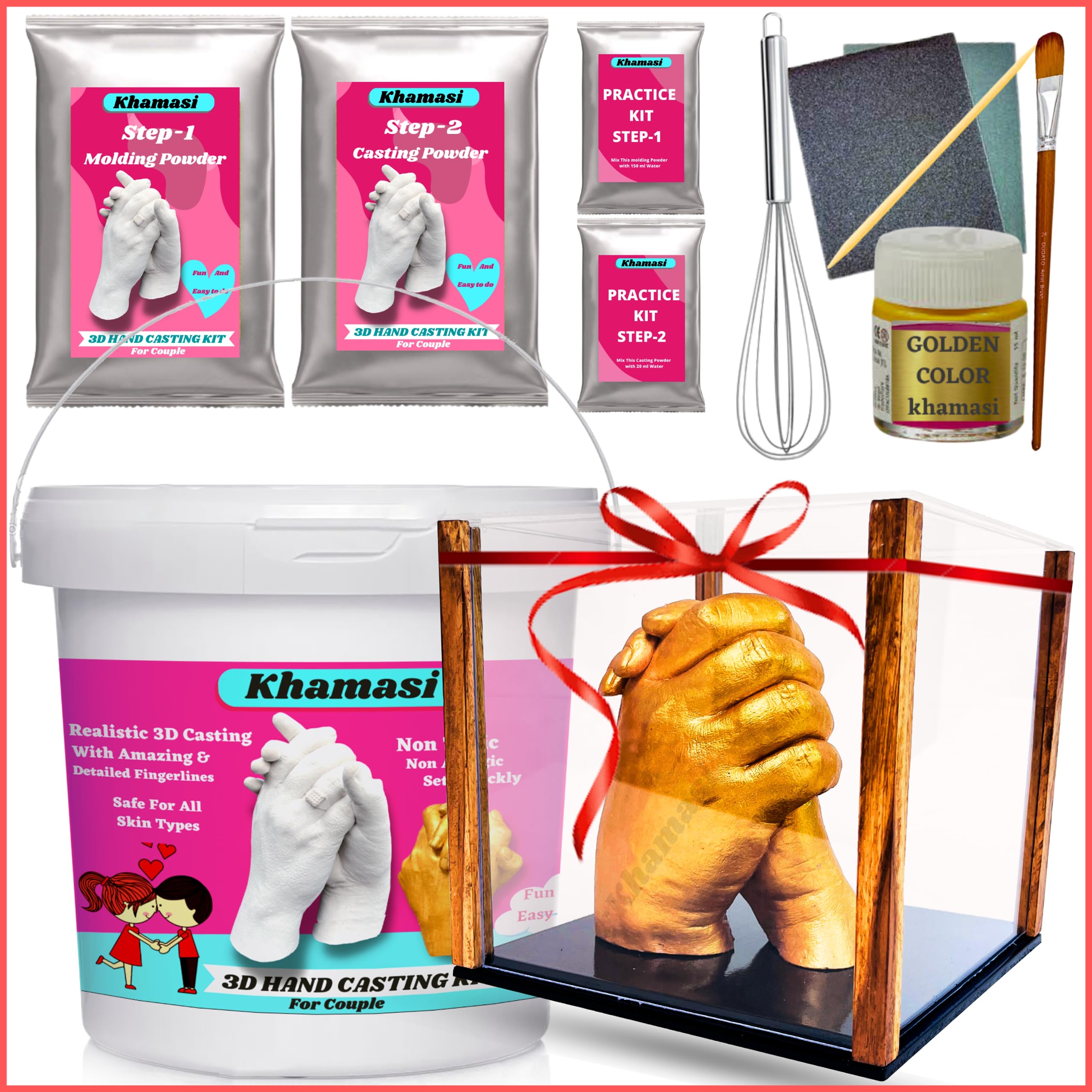 Khamasi Hand Casting Kit | 3D Couple Casting Kit, Hand Mould Kit 3D Moulding Powder, Clay Hand Foot, gift for couple, parents, husband on anniversary (COUPLE CASTING KIT with DISPLAY BOX)