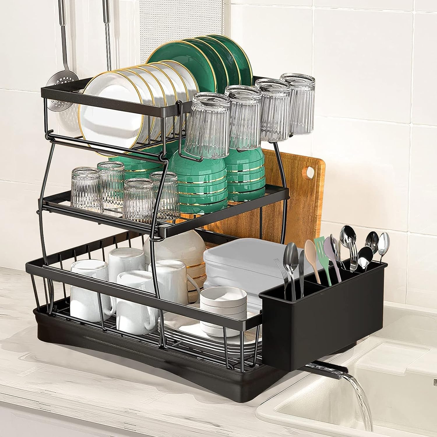 Abhsant 2 Tier Dish Drying Rack, Stainless Steel Dish Racks with Drain Board, Durable Kitchen Drying Rack with Utensils Holder, Cup Holder (Black-2)