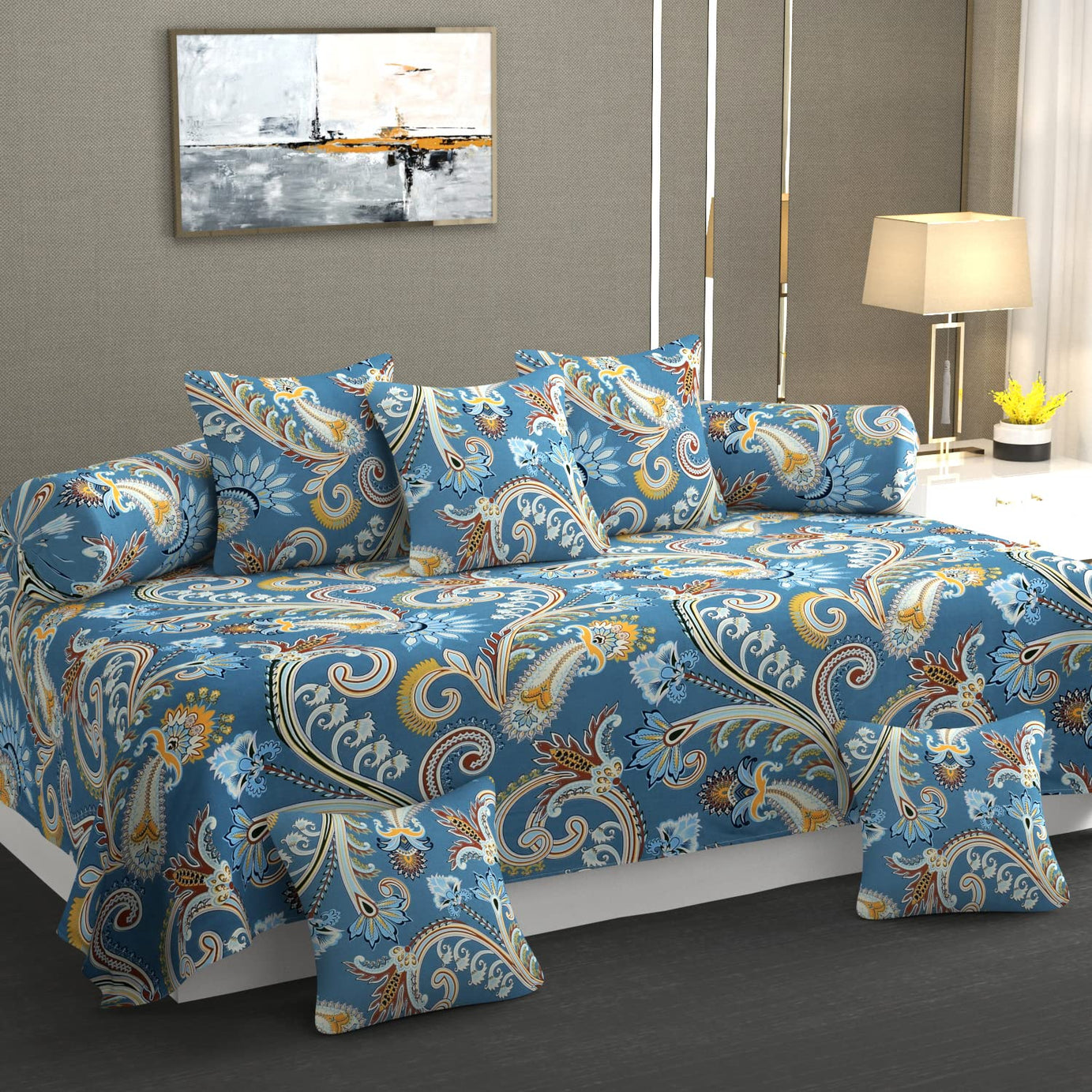 MANIQATEX Glace Cotton 5D 8 Piece Diwan Set (1 Single Bedsheet 5 Cushion Covers and 2 Boosters) (Blue Floral)