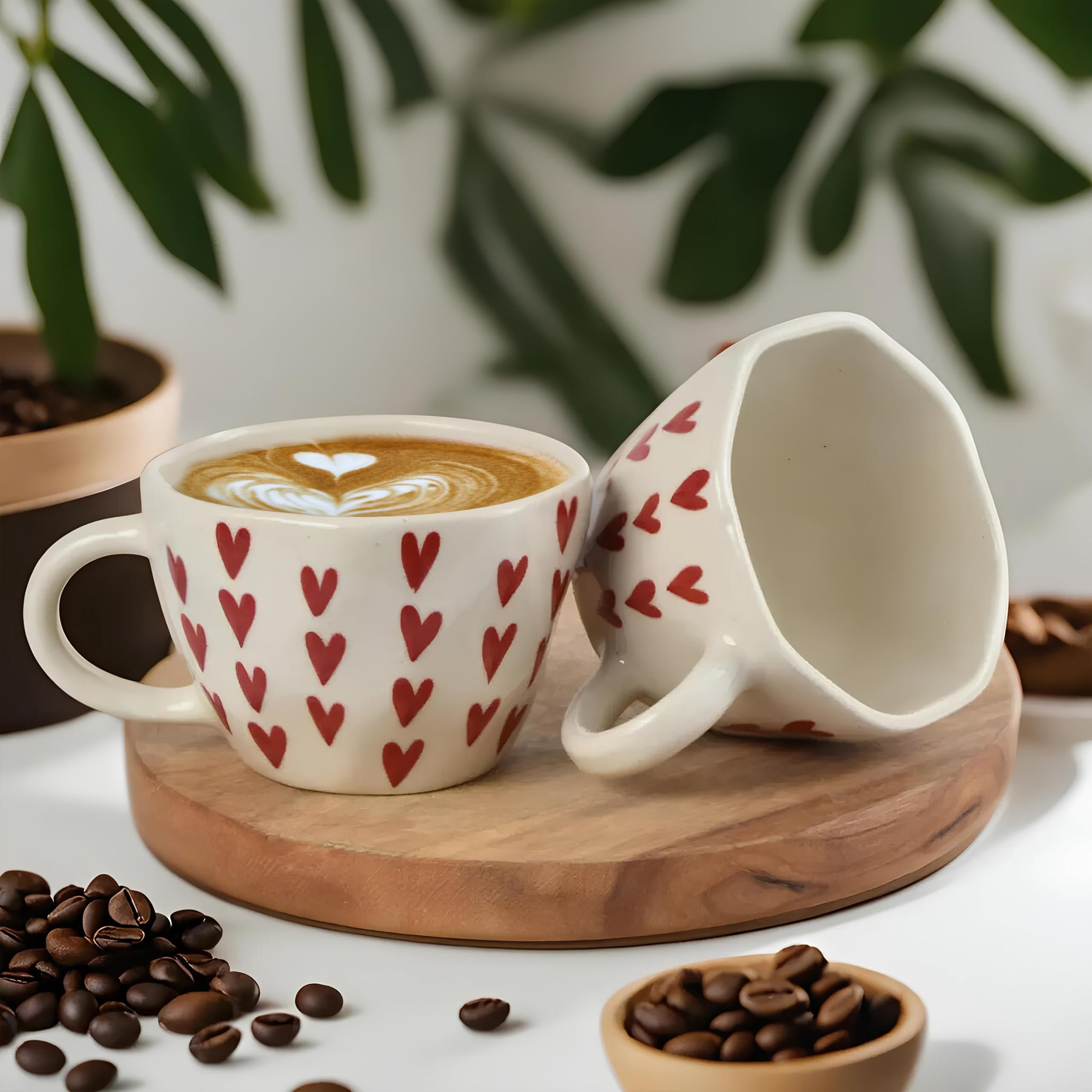 Zara Decor Center | Ceramic Handpainted Heart Mug | Coffee Mug, Heart Cup | Tea Cup, Mug for Coffee | aesthetic Tea Cup | Cups Ceramic Heart | Ceramic Cup and Saucer | 300 ml (Pack of 2)