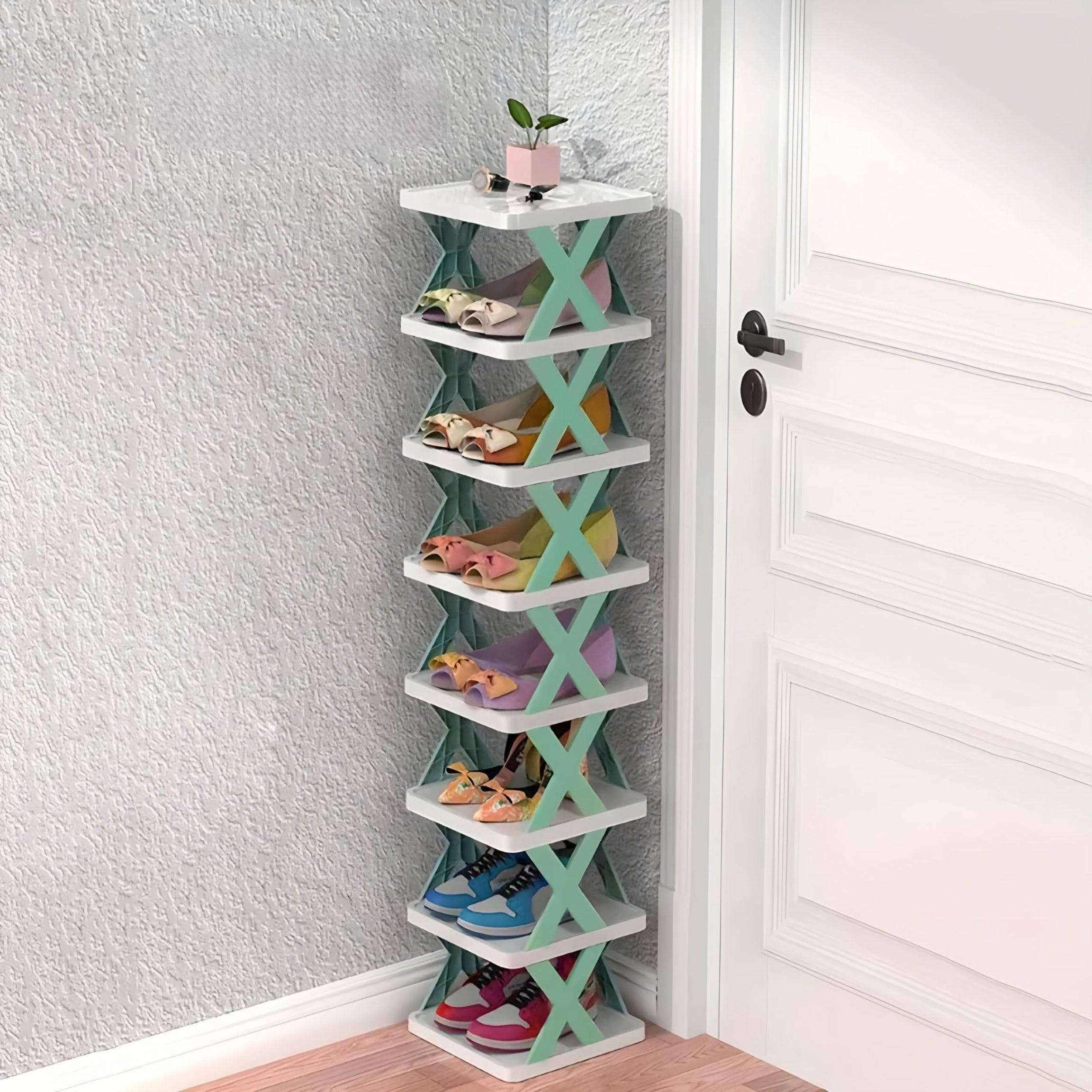 NYALKARAN Multi-Purpose Stackable Shoe Rack Adjustable Slots, Stylish Shoe Storage Organizer for Bedroom and Entryway - Easy Assembly, Durable Home Stand for Footwear (8 Layer, Light Green)