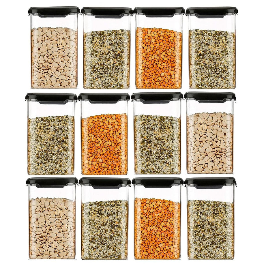 Kitchenwell Airtight Plastic Square Container Set for Kitchen Storage - 1100ml Containers | Unbreakable & Air-Tight Design | Container & Containers Set (Black, Set of 8)