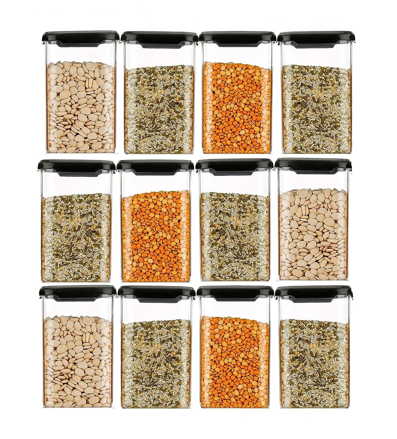 Kitchenwell Airtight Plastic Square Container Set for Kitchen Storage - 1100ml Containers | Unbreakable & Air-Tight Design | Container & Containers Set (Black, Set of 8)