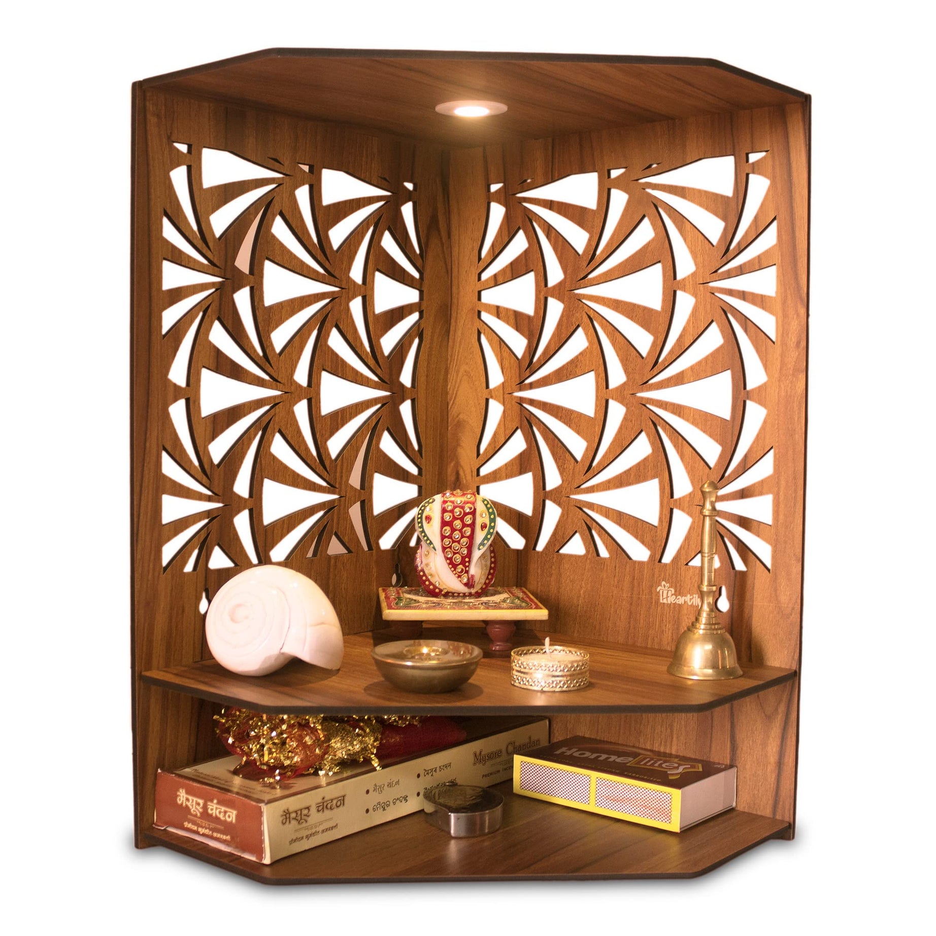 Heartily® Pushp Beautiful Wooden Pooja Stand Mandir for Home Temple for Office Puja Mandir for Home Wall with LED Spot Light Product (H- 17, L- 10, W-15 Inch)