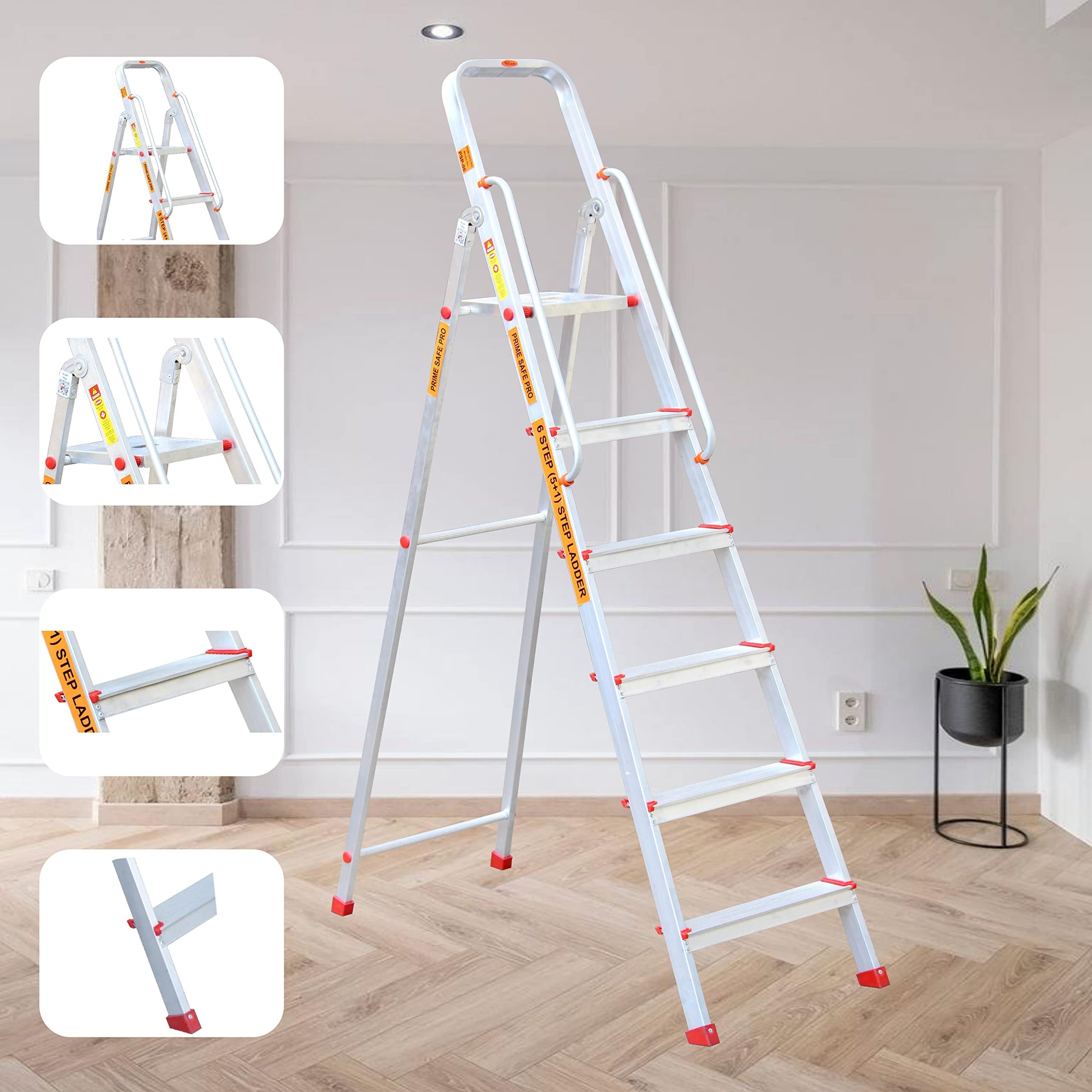 Prime Safe Pro 6 Step (5+1) Foldable Aluminium Ladder for Home and Office Use with Hand-Rails | Anti-Skid PVC Shoes | Garment Guards | Heavyduty Antiskid Platform