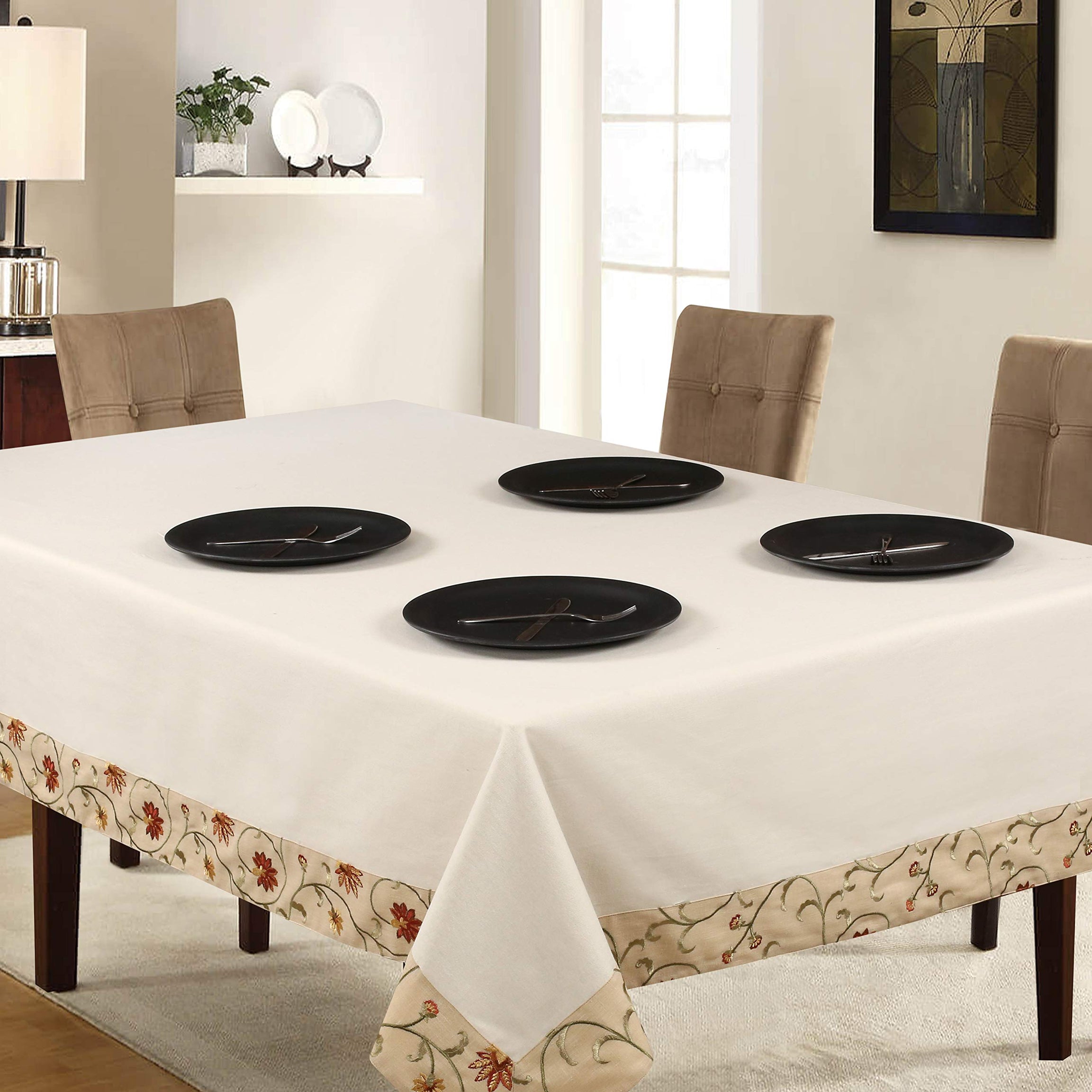 SHADES OF LIFE 6 Seater Cotton Plain Dining Table Cover (60 * 90 inch, Rectangular) with Embroidery Border Center Cloth, Stain Resistant, Linen for Home & Office Decor- (Cream)