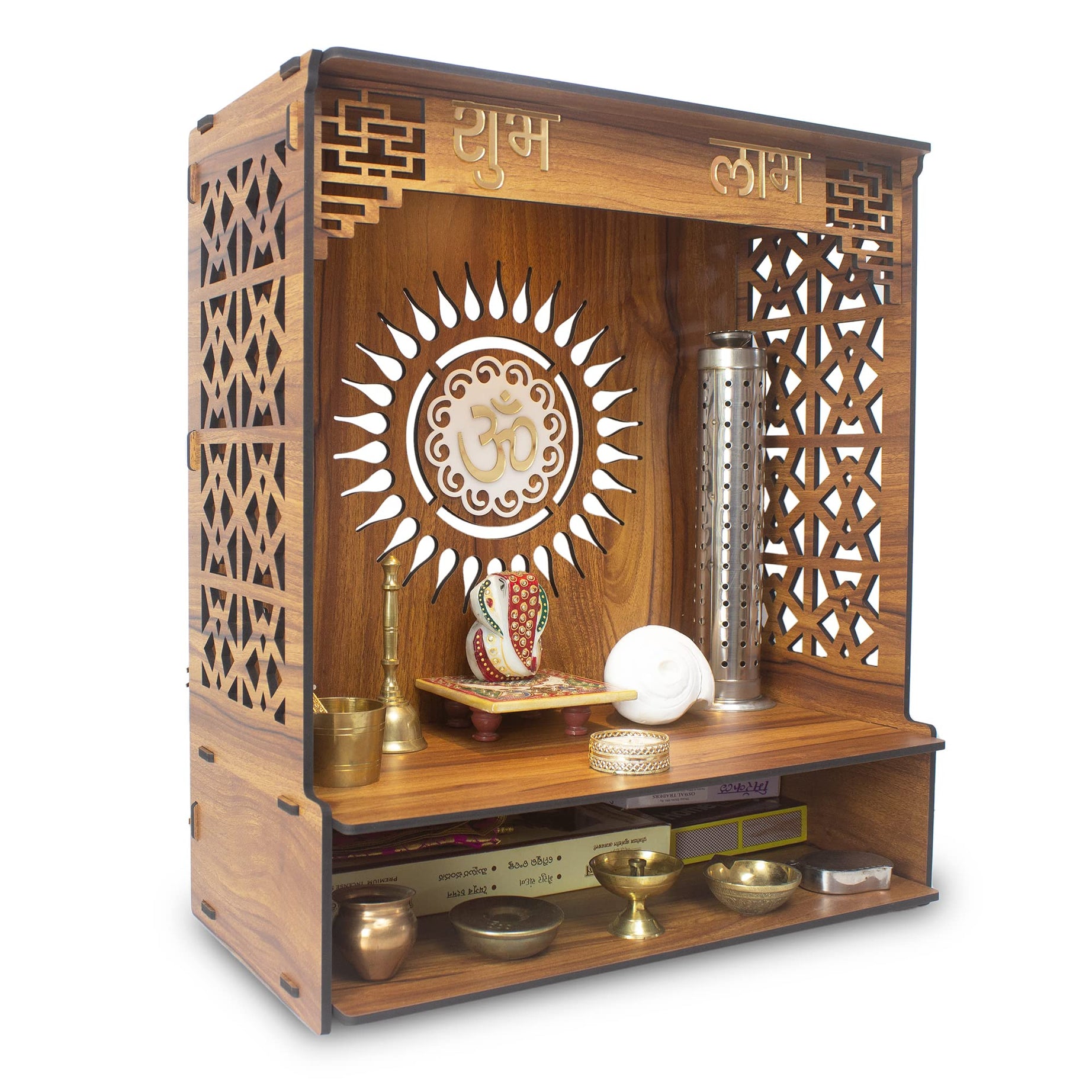 Heartily® Shlok Beautiful Wooden Pooja Mandir for Home or Puja Temple Stand for Office and Shops with Led spot Light (H- 18, L- 16, W-8.75 Inch)