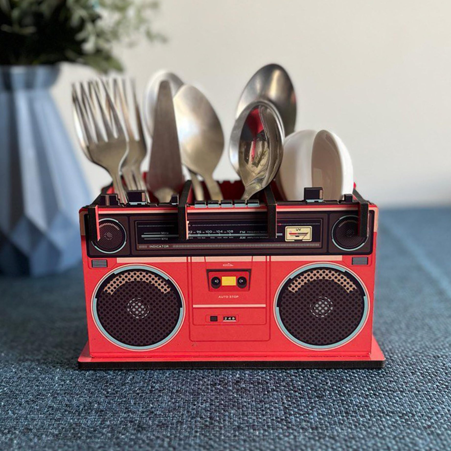 RAG28 Wooden Tape Recorder Style Cutlery Holder for Dining Table, Spoon Stand, Dinner Table Organiser