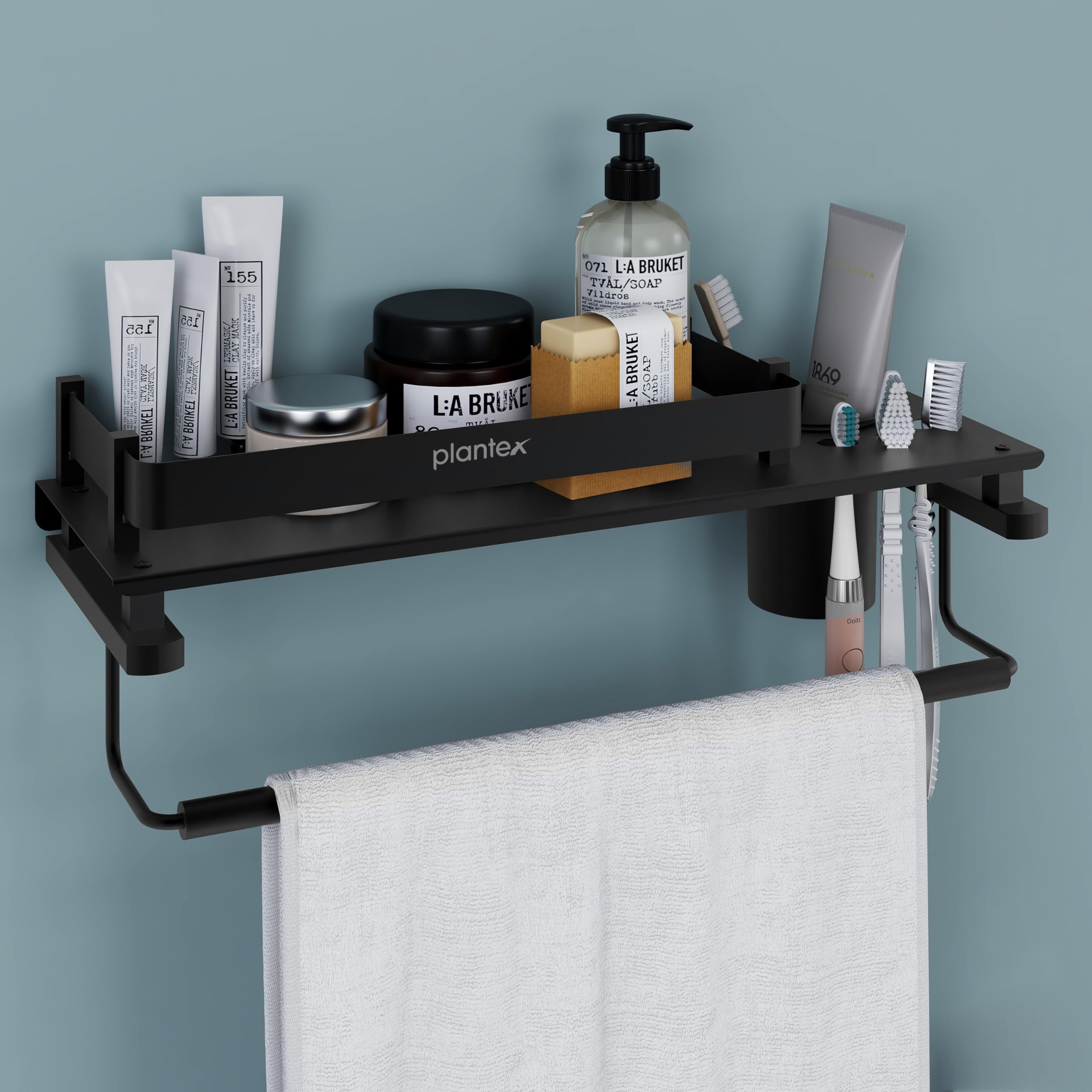 Plantex Stainless Steel Deluxe 3in1 Multipurpose Bathroom Shelf/Rack/Towel Hanger/Tumbler Holder/Bathroom Accessories - Wall Mount (15 x 6 Inches-Matt Black)