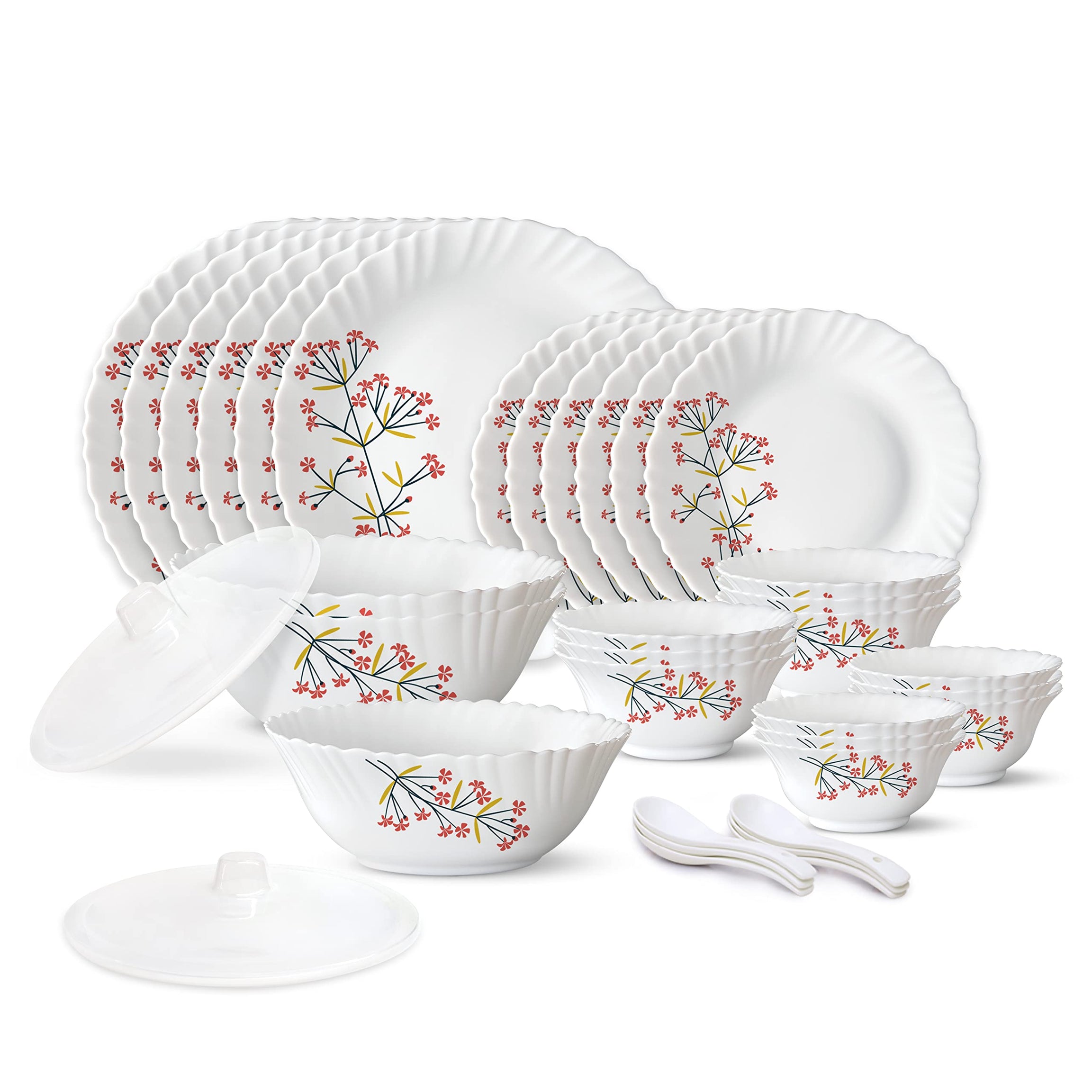 Larah by Borosil Red Bud Silk Series Opalware Dinner Set | 35 Pieces for Family of 6 | Microwave & Dishwasher Safe | Bone-Ash Free | Crockery Set for Dining & Gifting | Plates & Bowls | White,Floral