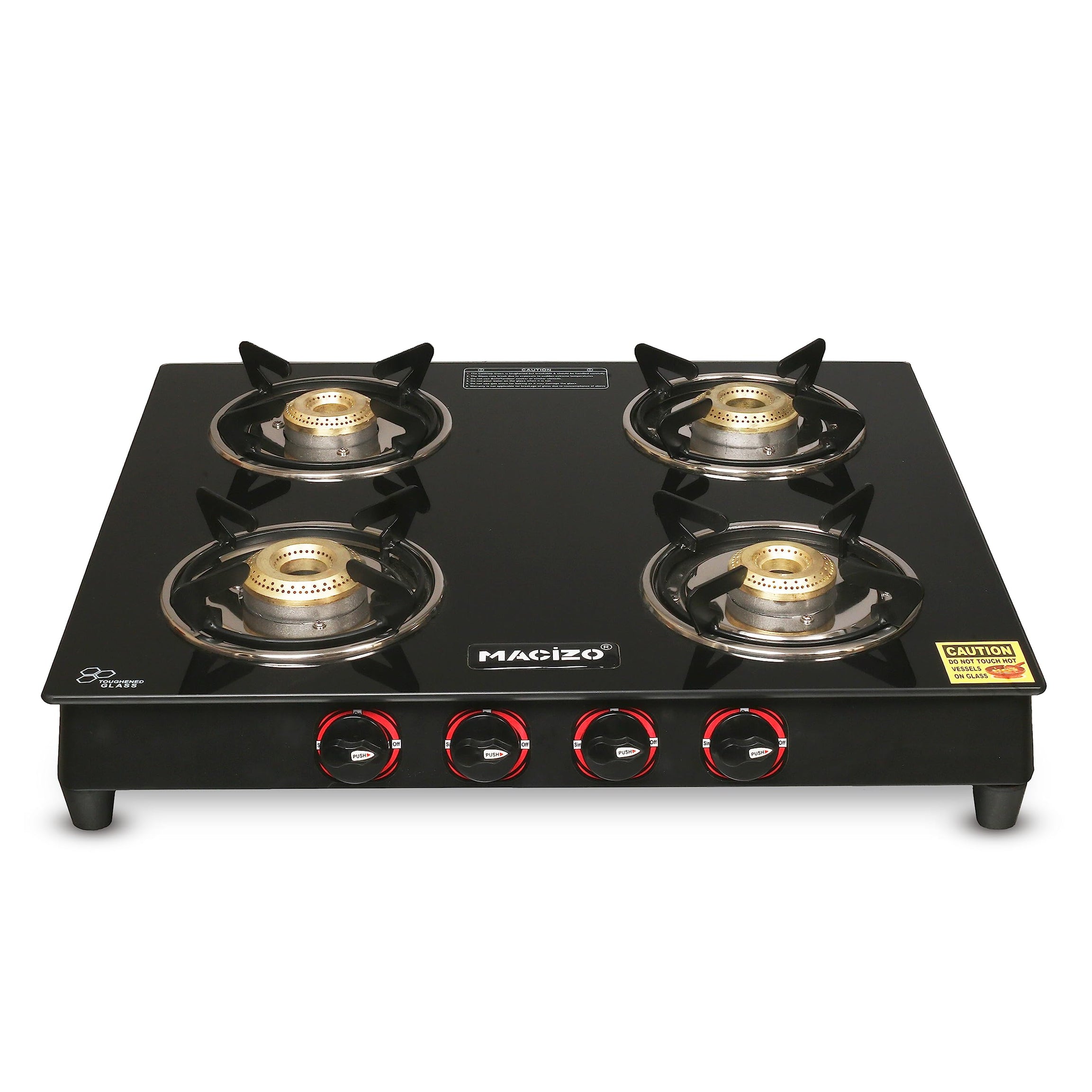 MACIZO ECO Glass Cook Top | 4 Heavy Weight Brass Burners | High thermal efficiency | 6mm Toughened Glass | Stainless Steel Dip Tray | Powder Coated frame | 1 Year Warranty with Doorstep Service| open