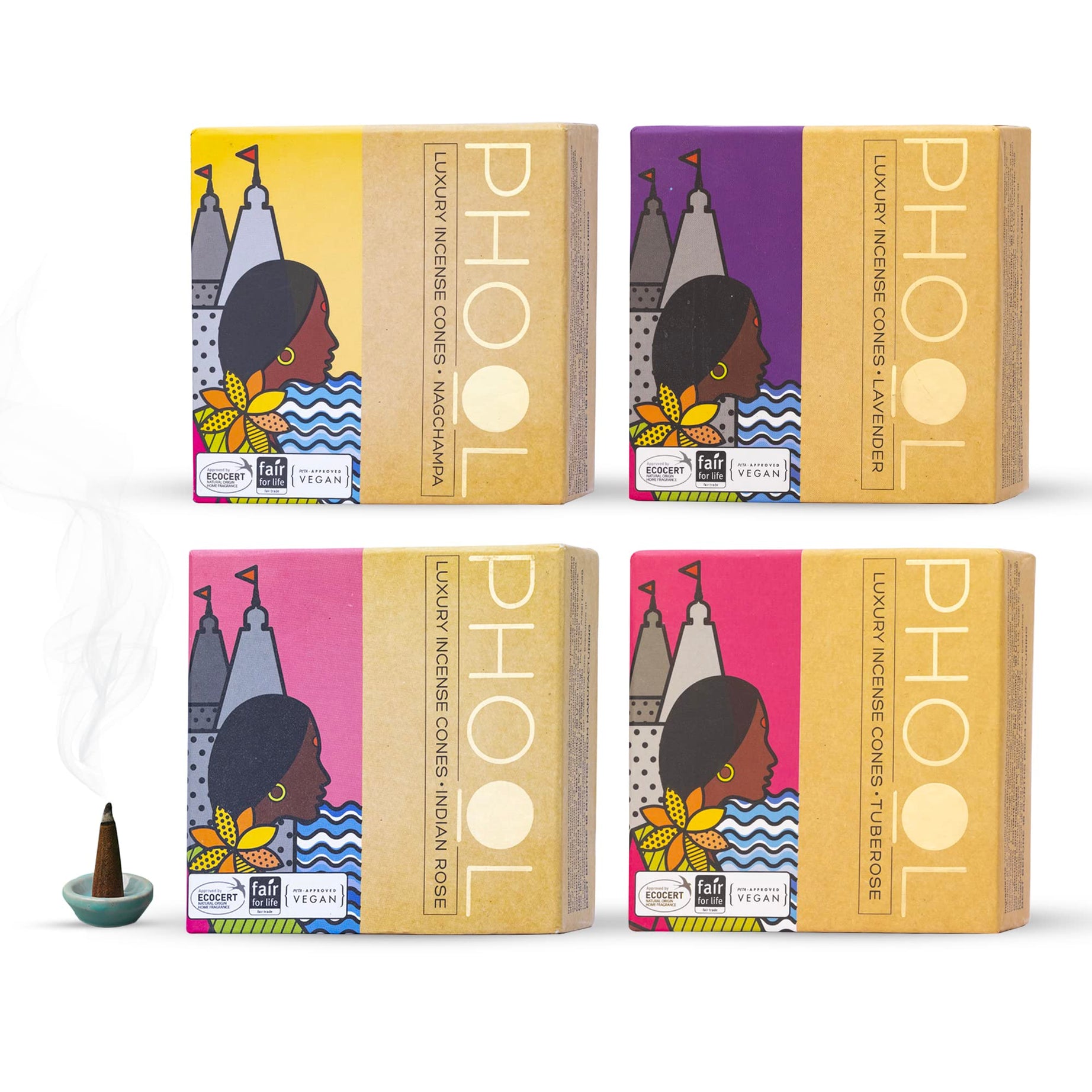 PHOOL Natural Incense Cones (Bundle Pack of 4) I Special Pack Floral Fragrances - Indian Rose, Tuberose, Lavender, Nagchampa I 100% Organic Dhoop Cones I Chemical & Charcoal Free