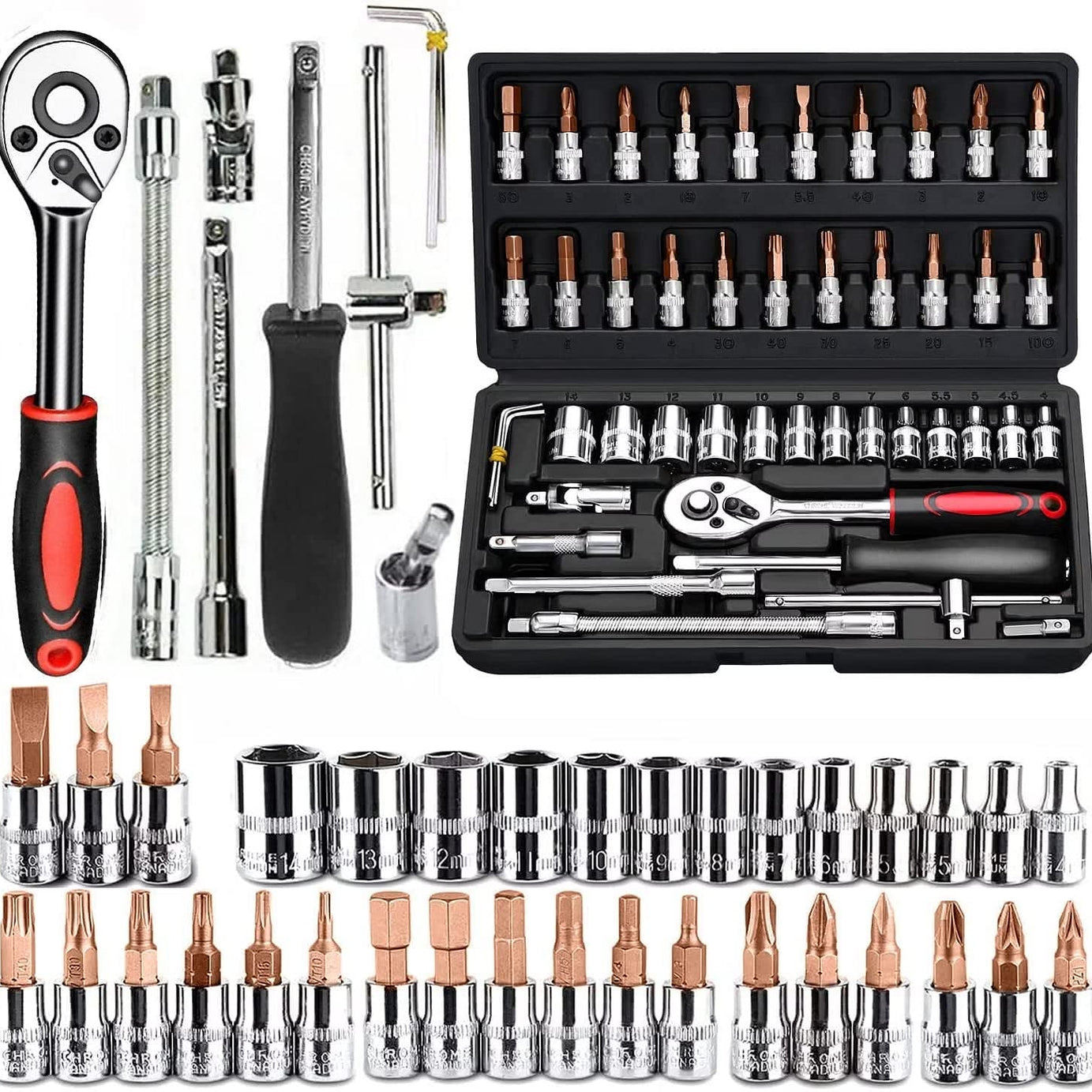 VAIDUE 46 In 1 Pcs Tool Kit & Screwdriver and Socket Set,Hand Tool Kit Wrench Set Multi Purpose Combination Tool Case Precision Socket Set,Bike Tool Kit Set All Bike, Car Tool Kit Set (multi color)