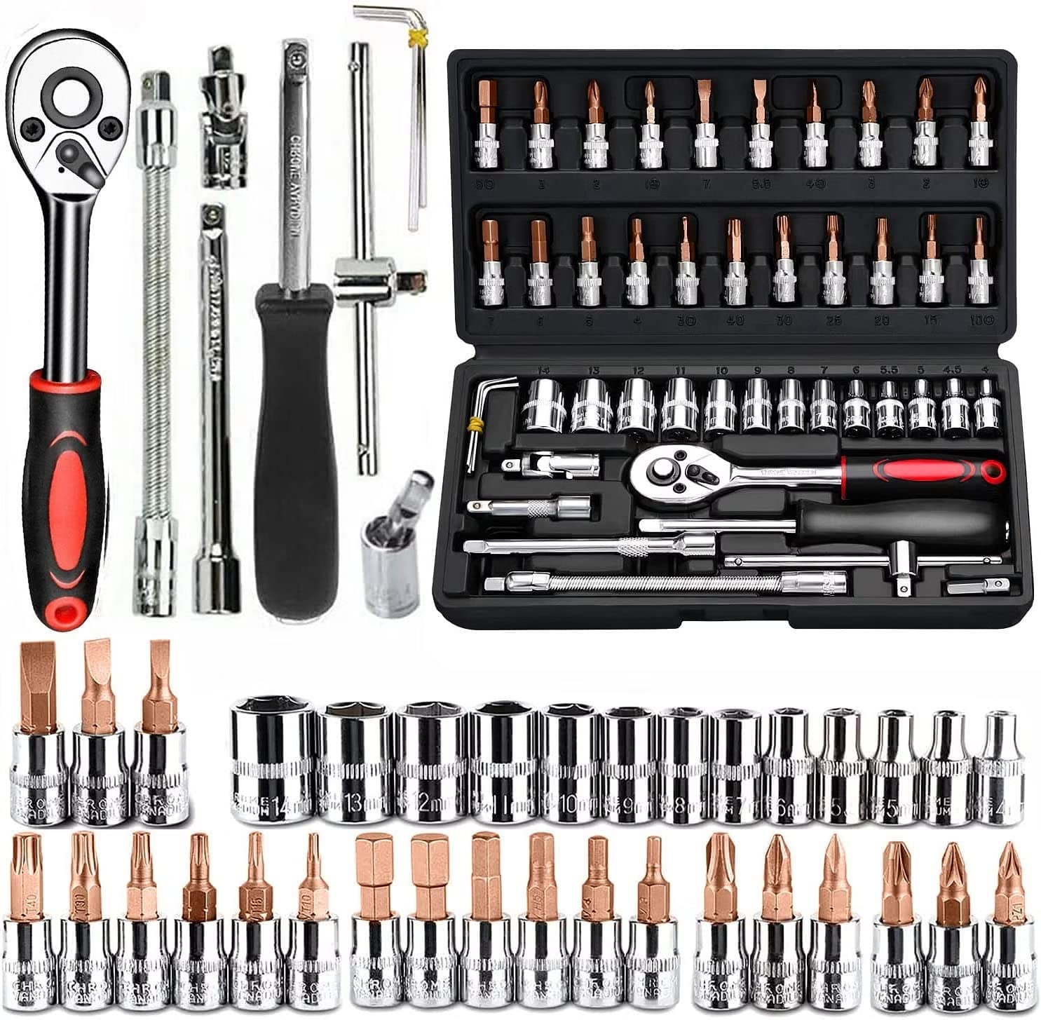 VAIDUE 46 In 1 Pcs Tool Kit & Screwdriver and Socket Set,Hand Tool Kit Wrench Set Multi Purpose Combination Tool Case Precision Socket Set,Bike Tool Kit Set All Bike, Car Tool Kit Set (multi color)