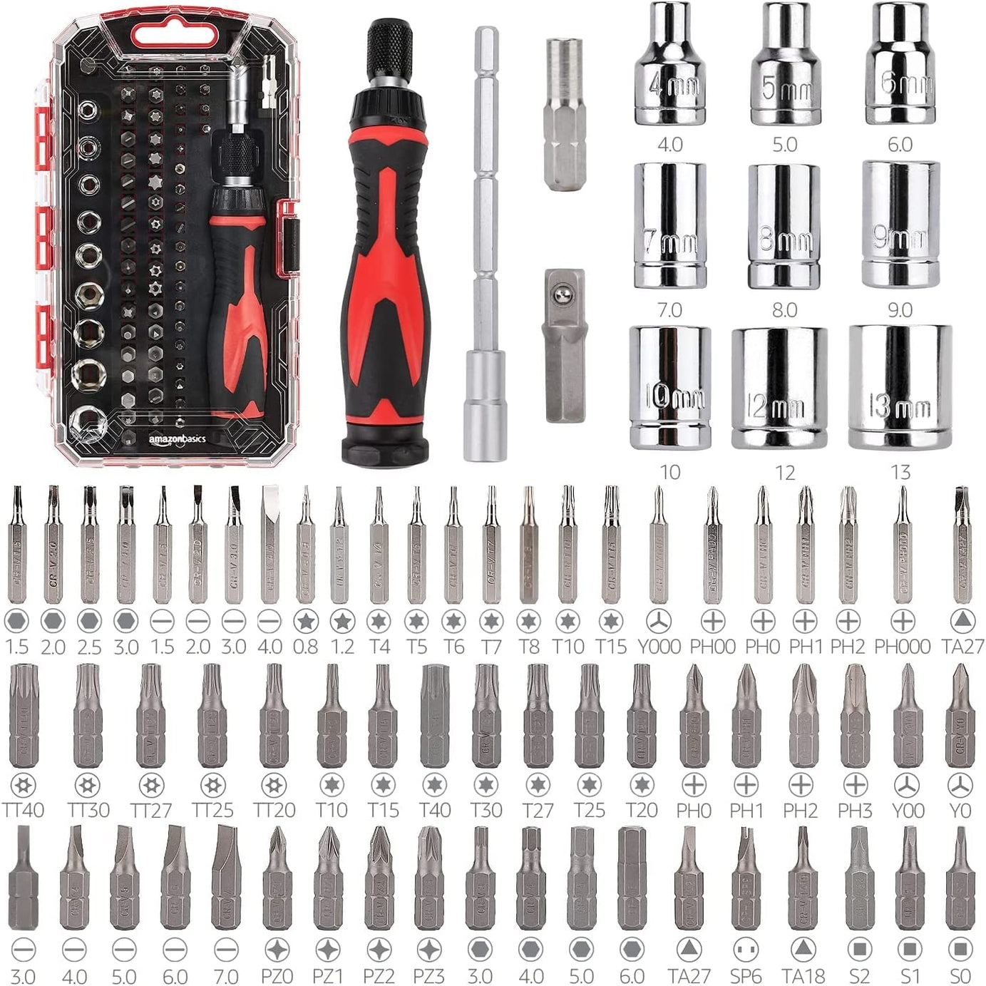 Amazon Basics 73-Piece Magnetic Ratchet Wrench And Screwdriver Set, 8 X 4.6 X 1.3 Inch - Multicolor