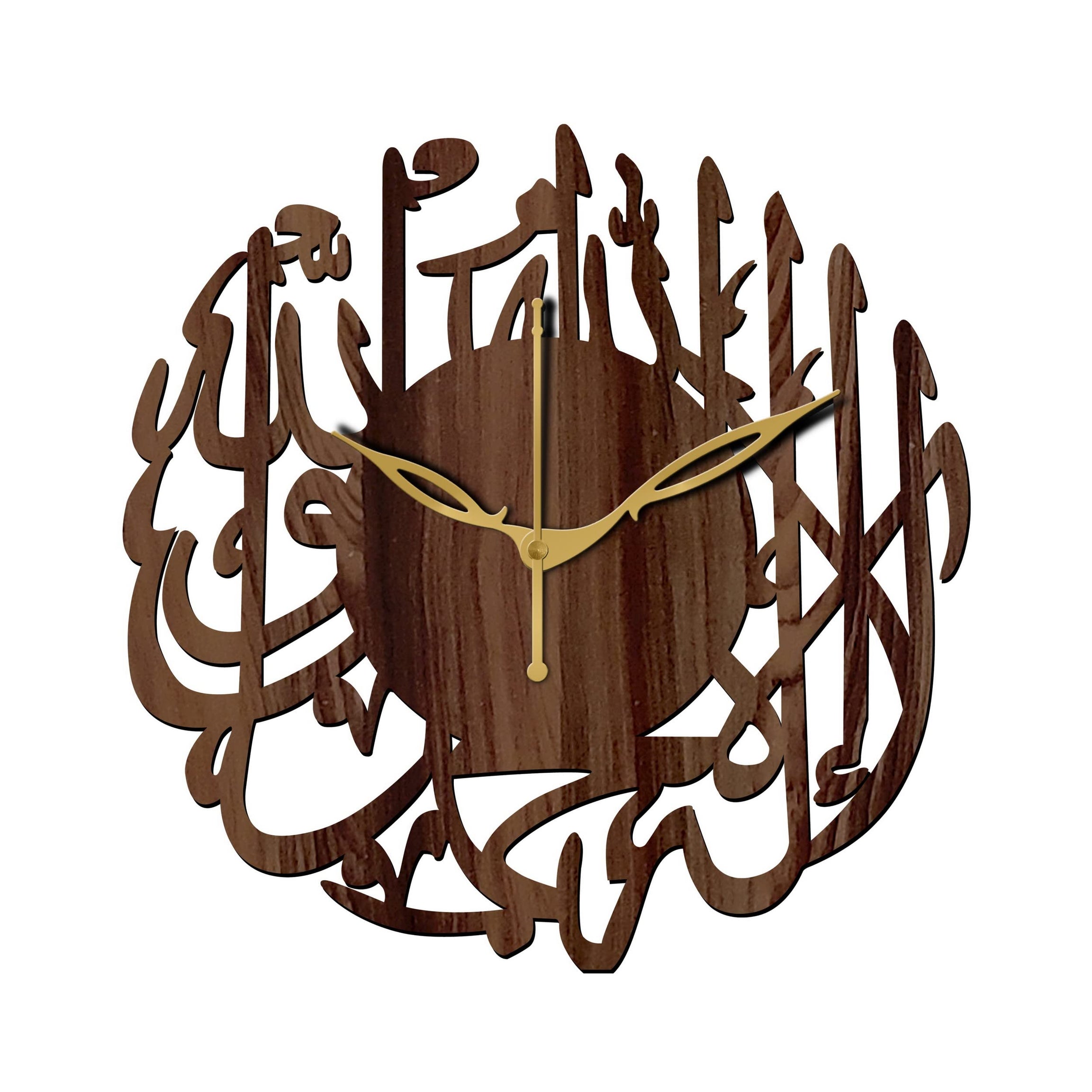 Freny Exim 12" Inch Wooden MDF Kalma Tayyab of Allah Round Wall Clock without Glass (Brown, 30cm x 30cm) - 5